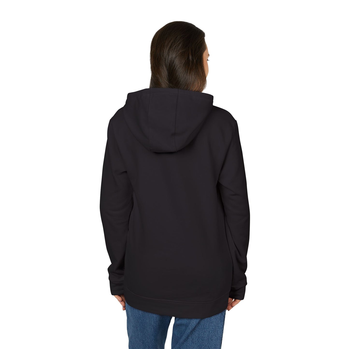 The Just the Tip - Miller Beach - Adidas® Unisex Fleece Hoodie by Printify provides cozy comfort with its modest blue graphic centrally placed on a red design. This sustainable hoodie features long sleeves and a hood, complemented by a practical front pocket, all showcased against a simple white backdrop.