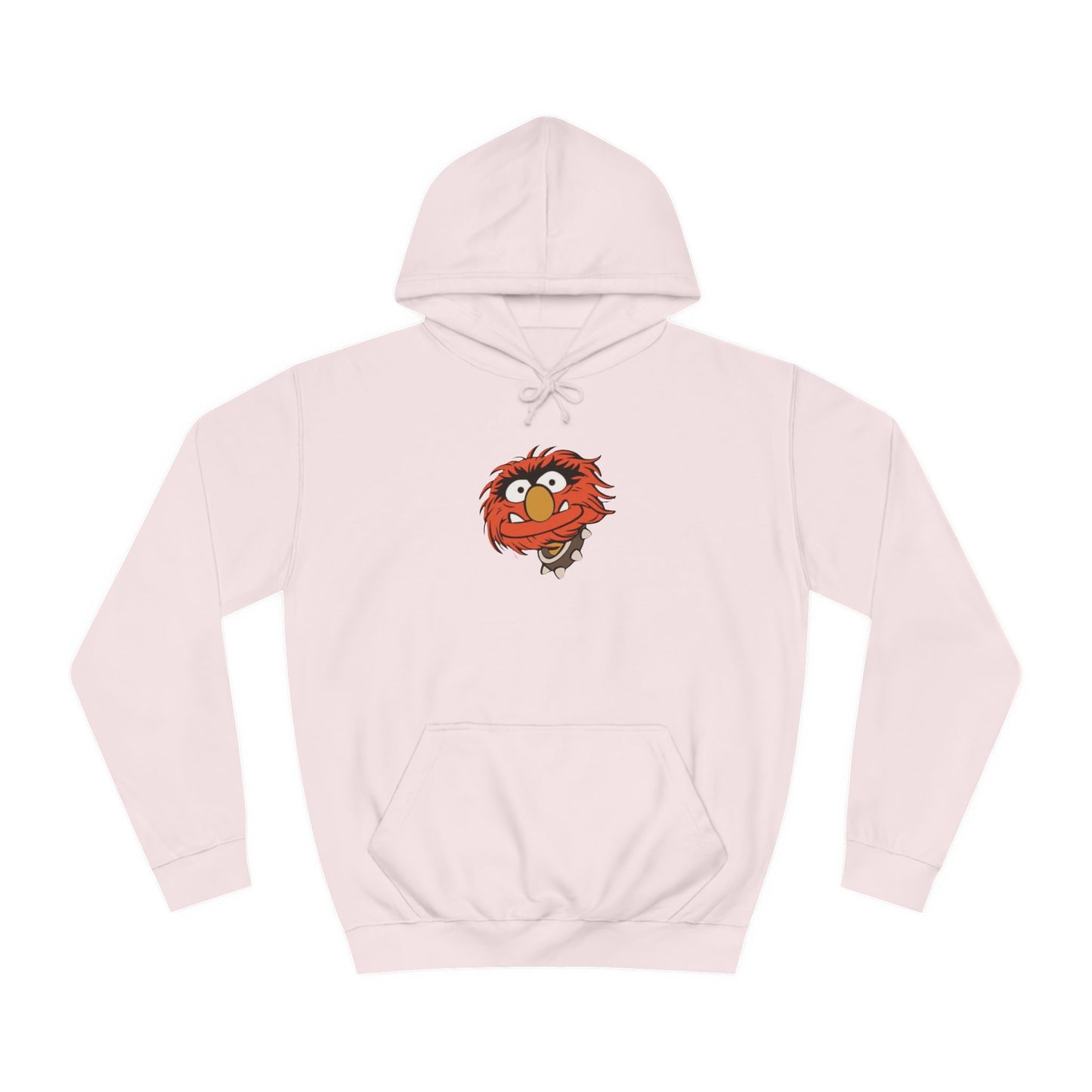 This comfy unisex college hoodie by Printify showcases a vibrant design of a cartoon character with wild orange hair, bulging eyes, and a broad grin on the front, embodying that lively spirit. It's like wearing the Animal - The Muppets hoodie without sacrificing comfort.