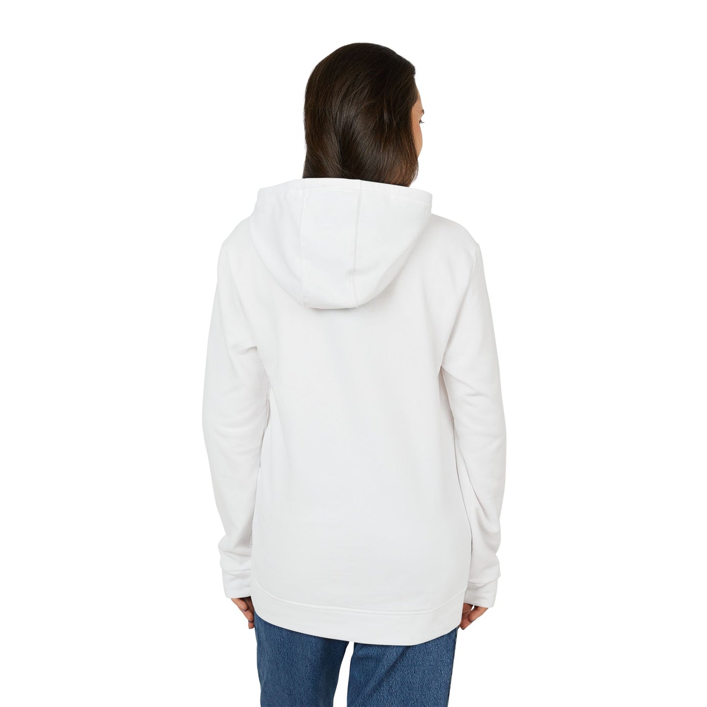 The Just the Tip - Miller Beach - Adidas® Unisex Fleece Hoodie by Printify provides cozy comfort with its modest blue graphic centrally placed on a red design. This sustainable hoodie features long sleeves and a hood, complemented by a practical front pocket, all showcased against a simple white backdrop.