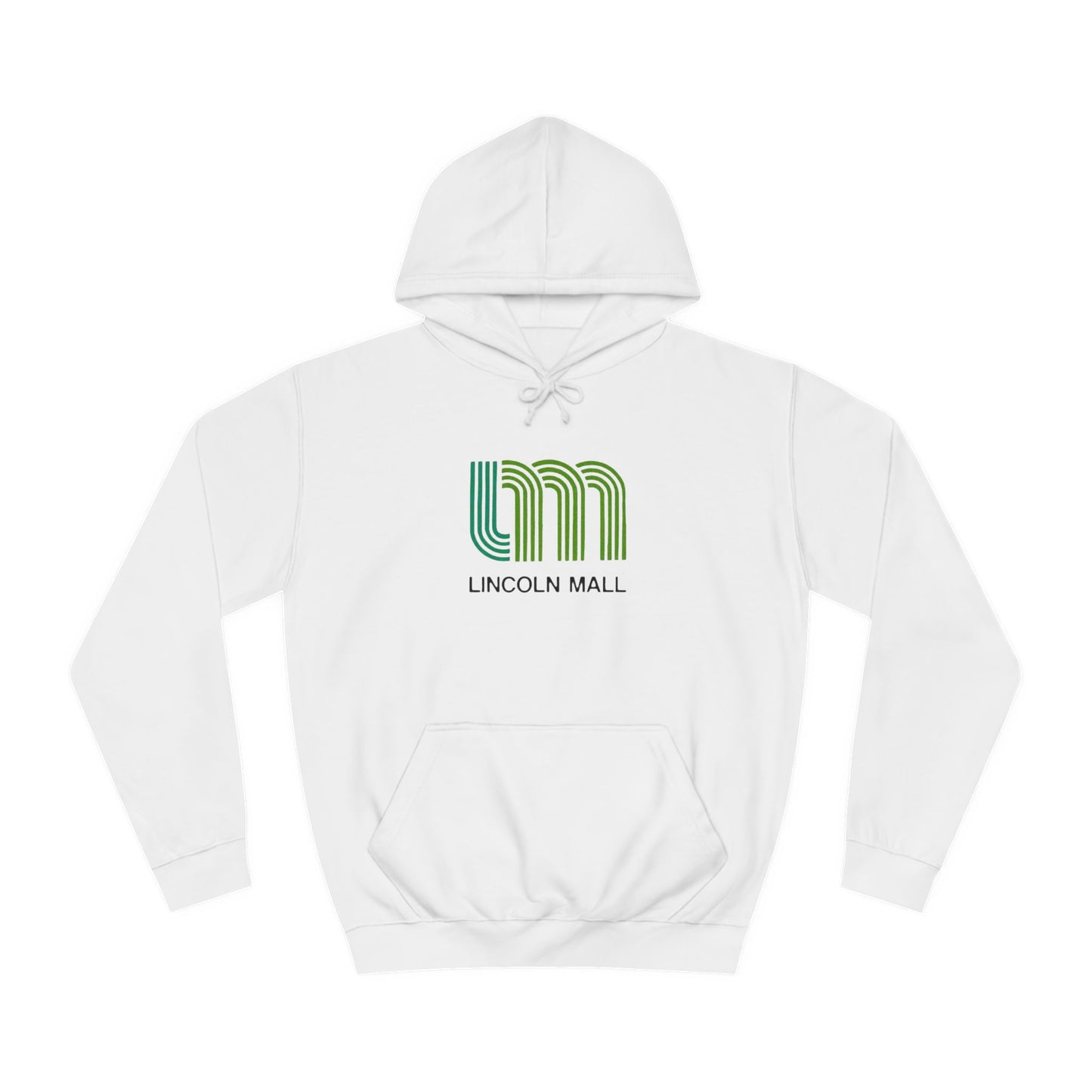 This unisex college hoodie by Printify features a gray design with a stylized green "LM" logo above the text "Lincoln Mall," inspired by the 1980s. It comes complete with a front pocket and drawstrings, capturing the retro style of Lincoln Mall, Matteson, IL.