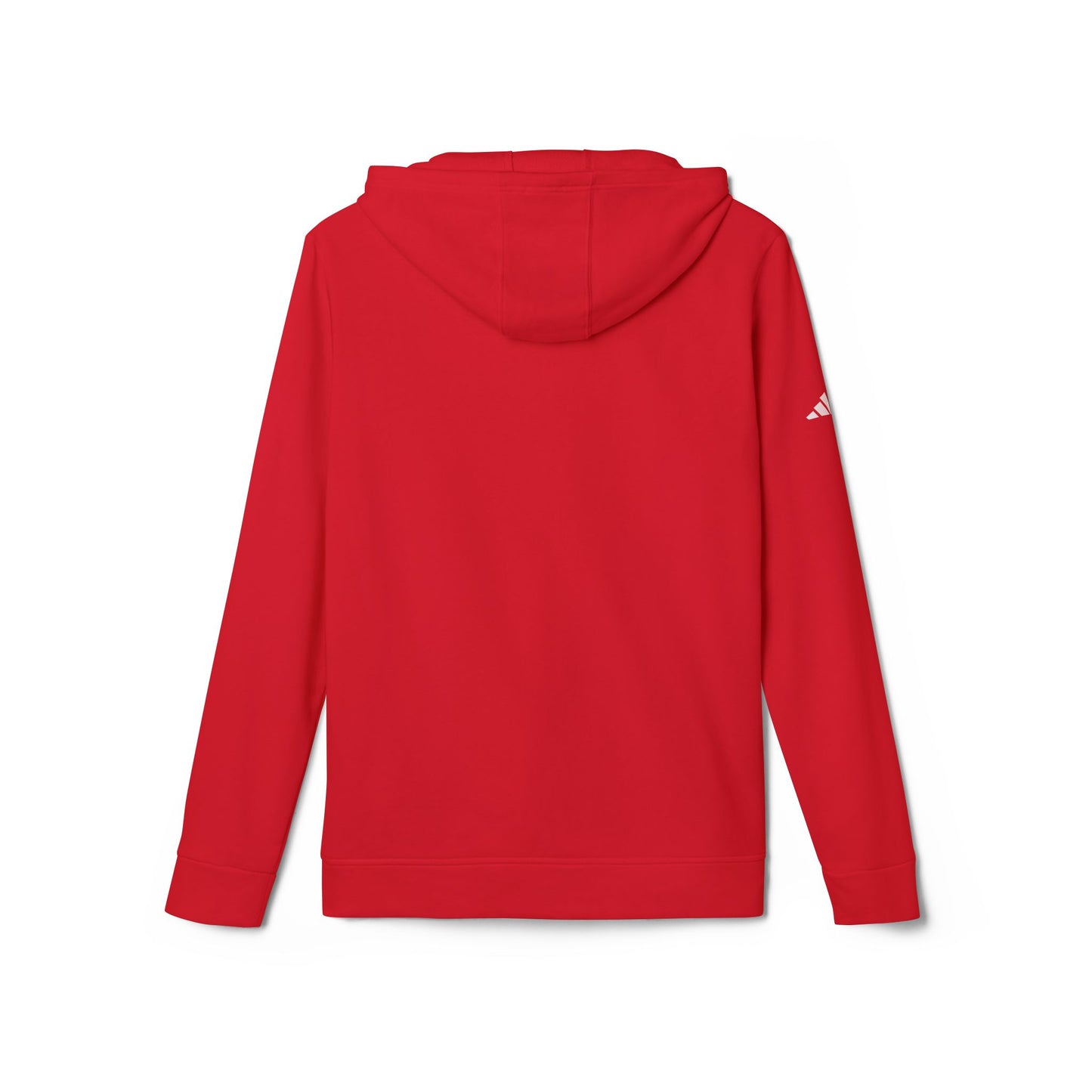 The Just the Tip - Miller Beach - Adidas® Unisex Fleece Hoodie by Printify provides cozy comfort with its modest blue graphic centrally placed on a red design. This sustainable hoodie features long sleeves and a hood, complemented by a practical front pocket, all showcased against a simple white backdrop.