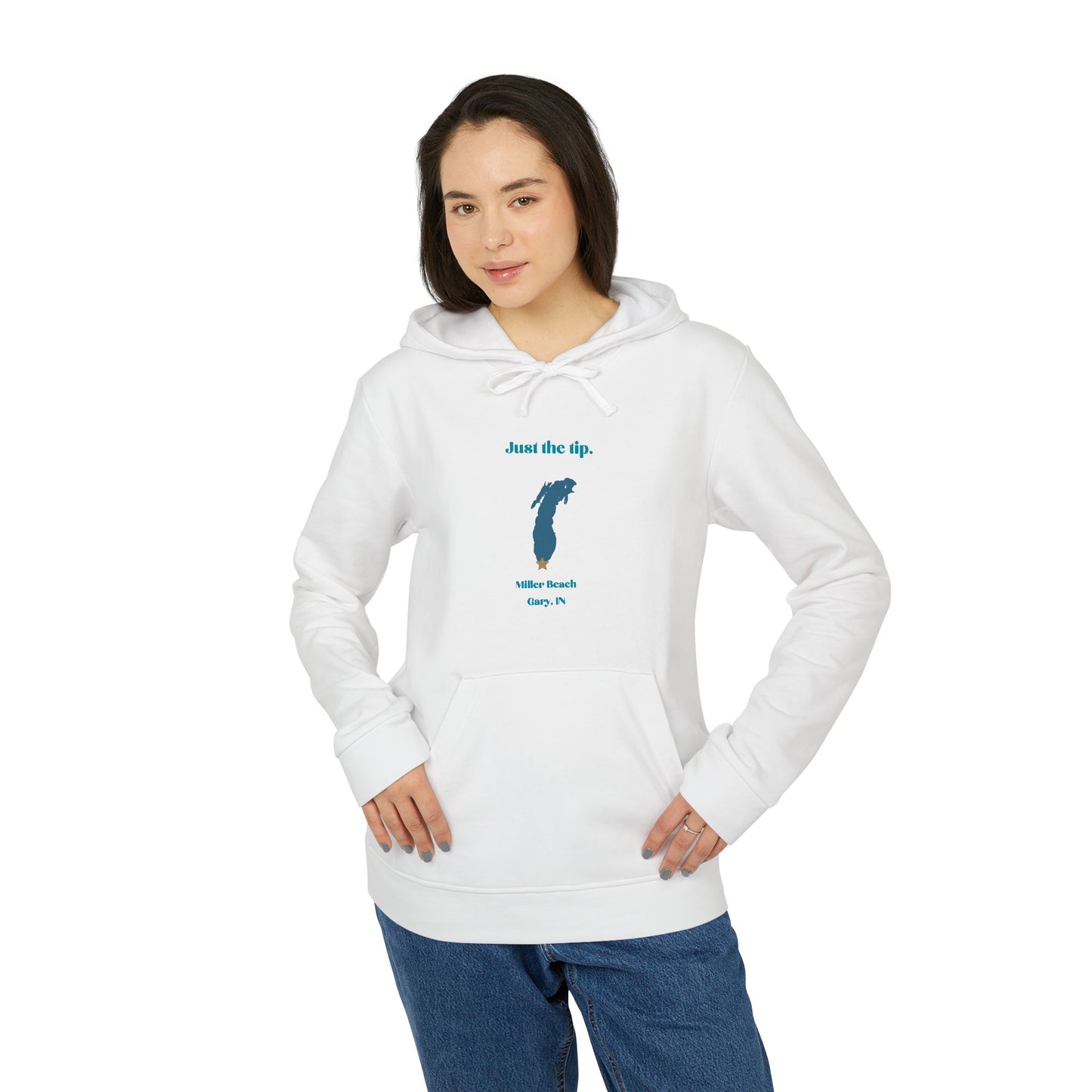 The Just the Tip - Miller Beach - Adidas® Unisex Fleece Hoodie by Printify provides cozy comfort with its modest blue graphic centrally placed on a red design. This sustainable hoodie features long sleeves and a hood, complemented by a practical front pocket, all showcased against a simple white backdrop.