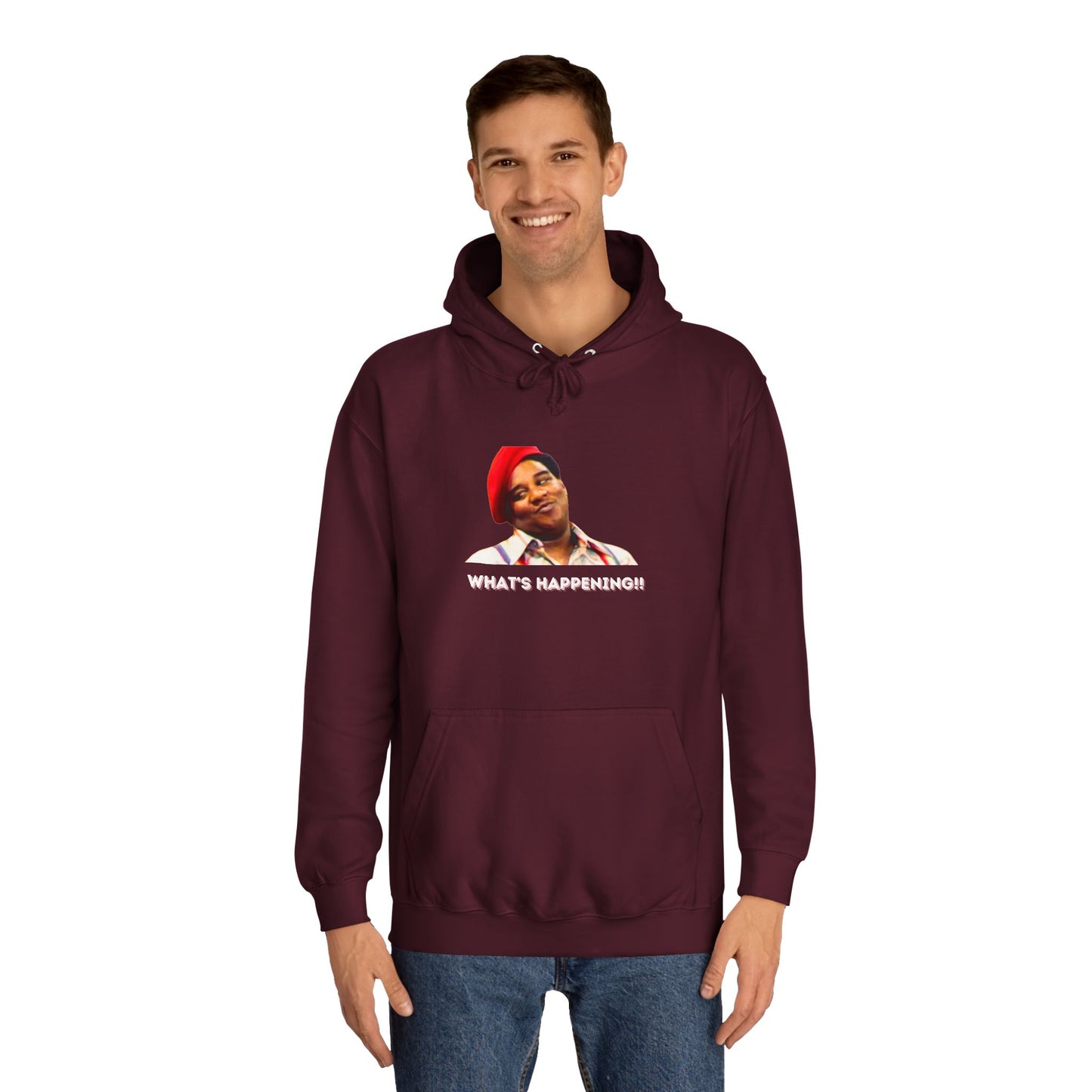 A black Printify college hoodie called "Rerun - Fred Barry - What's Happening!!" featuring an image of Fred Berry smiling and wearing his iconic red cap, with "WHAT'S HAPPENING!!" printed in white letters.