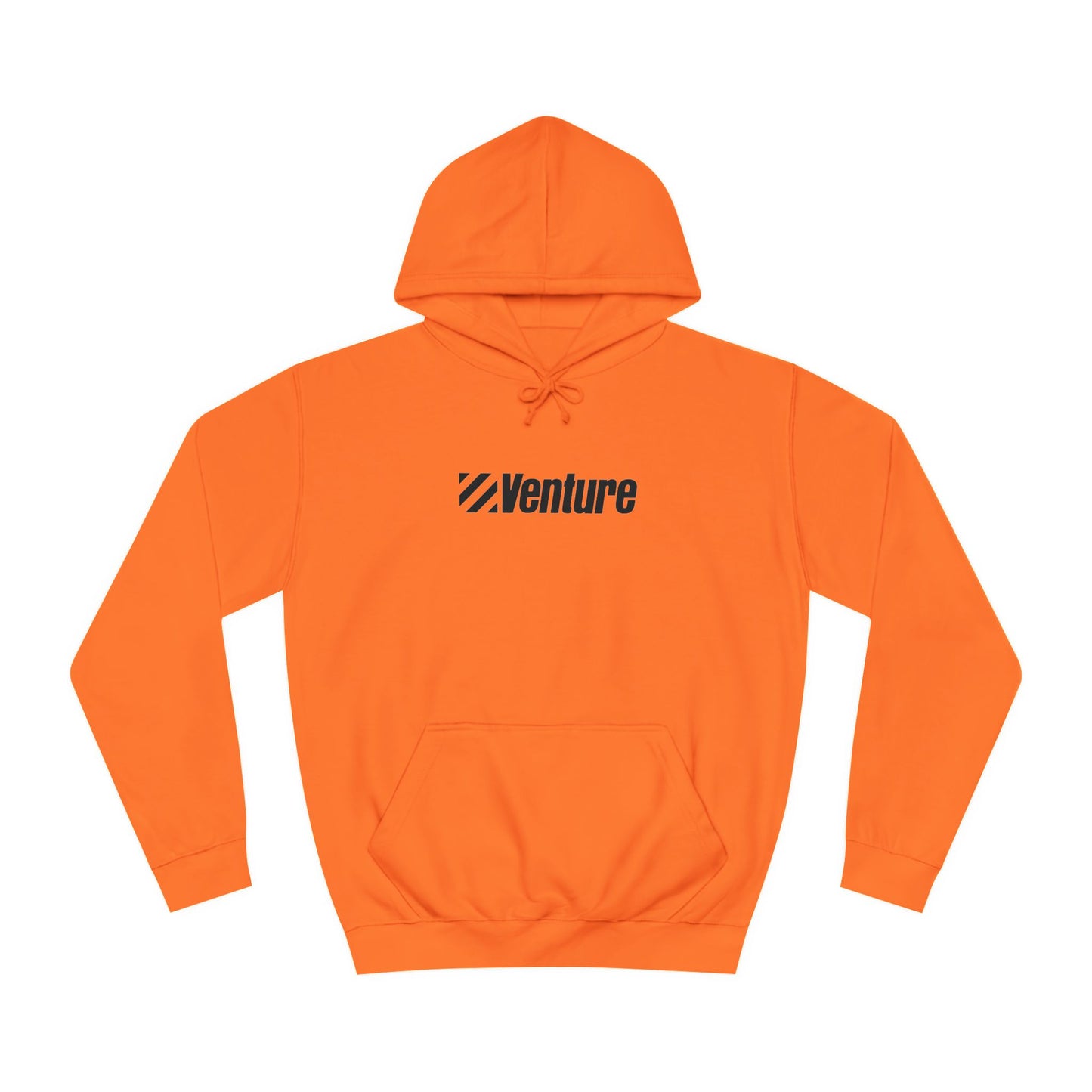 This light gray unisex college hoodie from Printify features the word "Venture" and a stylized logo printed in black on the front. It harkens back to retro retail therapy with a front pocket and drawstring hood, seamlessly blending nostalgic style with modern comfort. The product name is Venture Stores - 1980s Logo - Unisex College Hoodie.