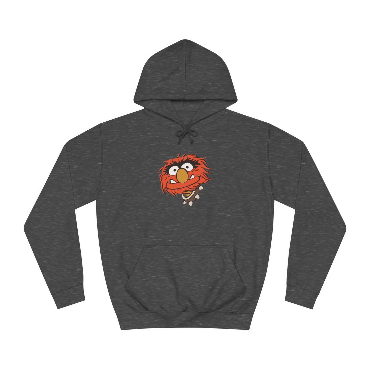 This comfy unisex college hoodie by Printify showcases a vibrant design of a cartoon character with wild orange hair, bulging eyes, and a broad grin on the front, embodying that lively spirit. It's like wearing the Animal - The Muppets hoodie without sacrificing comfort.