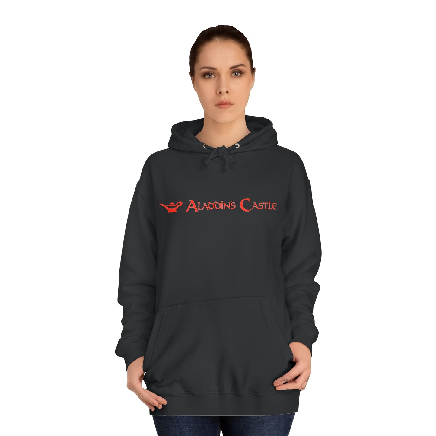 A navy blue unisex college hoodie from Printify, showcasing a red logo and the text "Aladdin's Castle Arcade" on the front. The design is simple and centered, capturing gamers' nostalgia with its casual and stylish retro 1980s vibe.