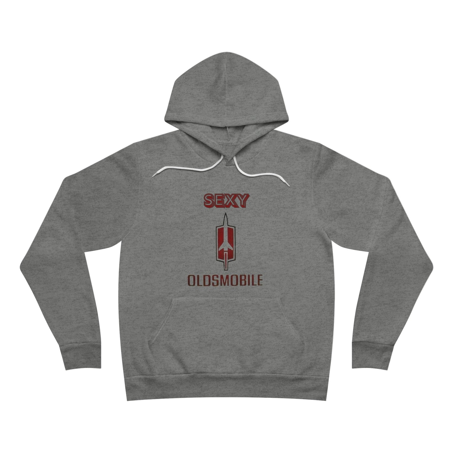 A "Sexy Oldsmobile - Unisex Sponge Fleece Pullover Hoodie" by Printify, displayed flat in gray, features bold red letters with a stylized graphic of the Oldsmobile logo below. Perfect for retro vibes, it includes a white drawstring and front pocket, designed for the muscle car enthusiast.