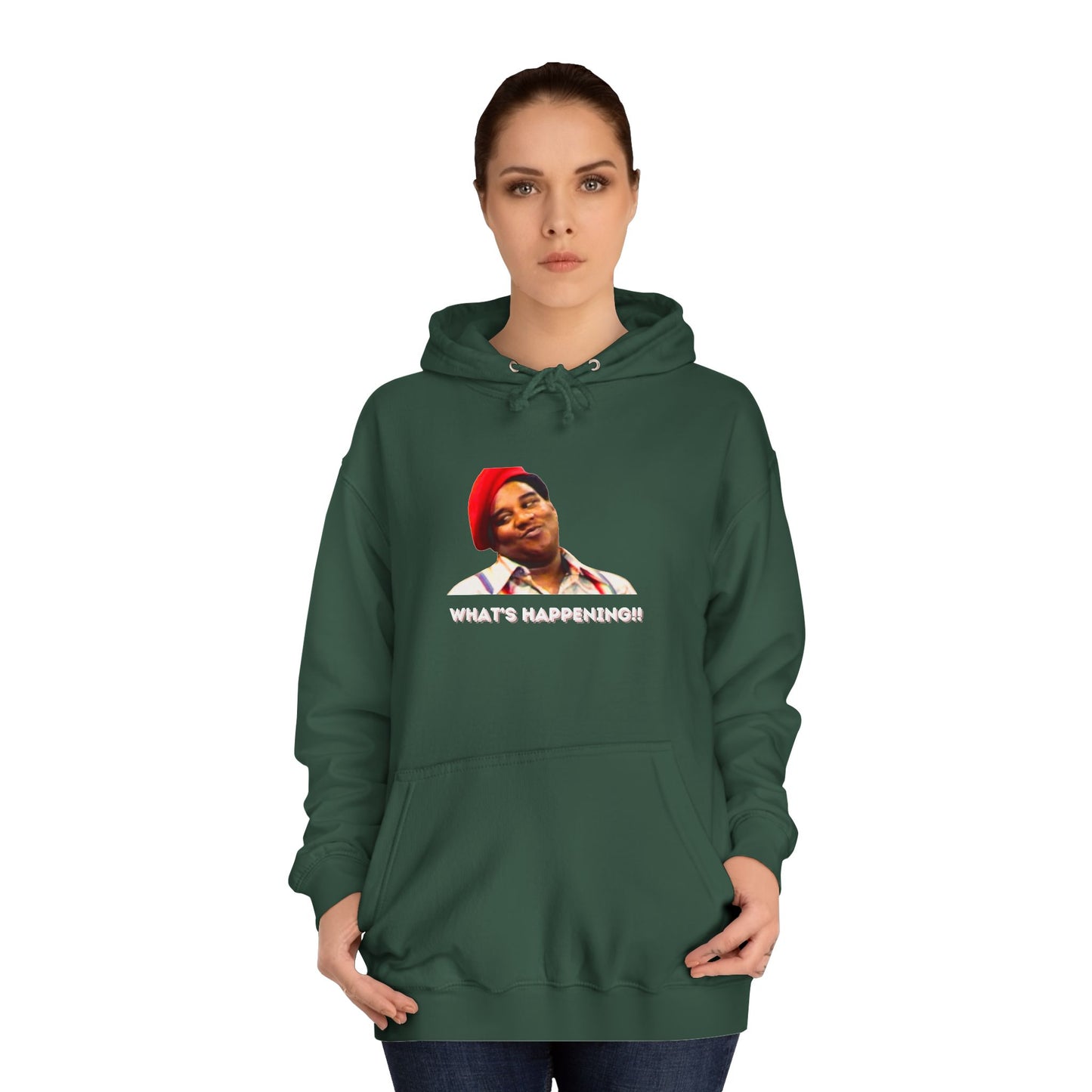 A black Printify college hoodie called "Rerun - Fred Barry - What's Happening!!" featuring an image of Fred Berry smiling and wearing his iconic red cap, with "WHAT'S HAPPENING!!" printed in white letters.