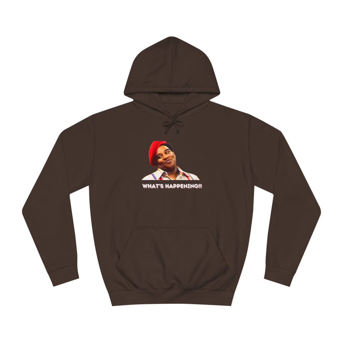 A black Printify college hoodie called "Rerun - Fred Barry - What's Happening!!" featuring an image of Fred Berry smiling and wearing his iconic red cap, with "WHAT'S HAPPENING!!" printed in white letters.