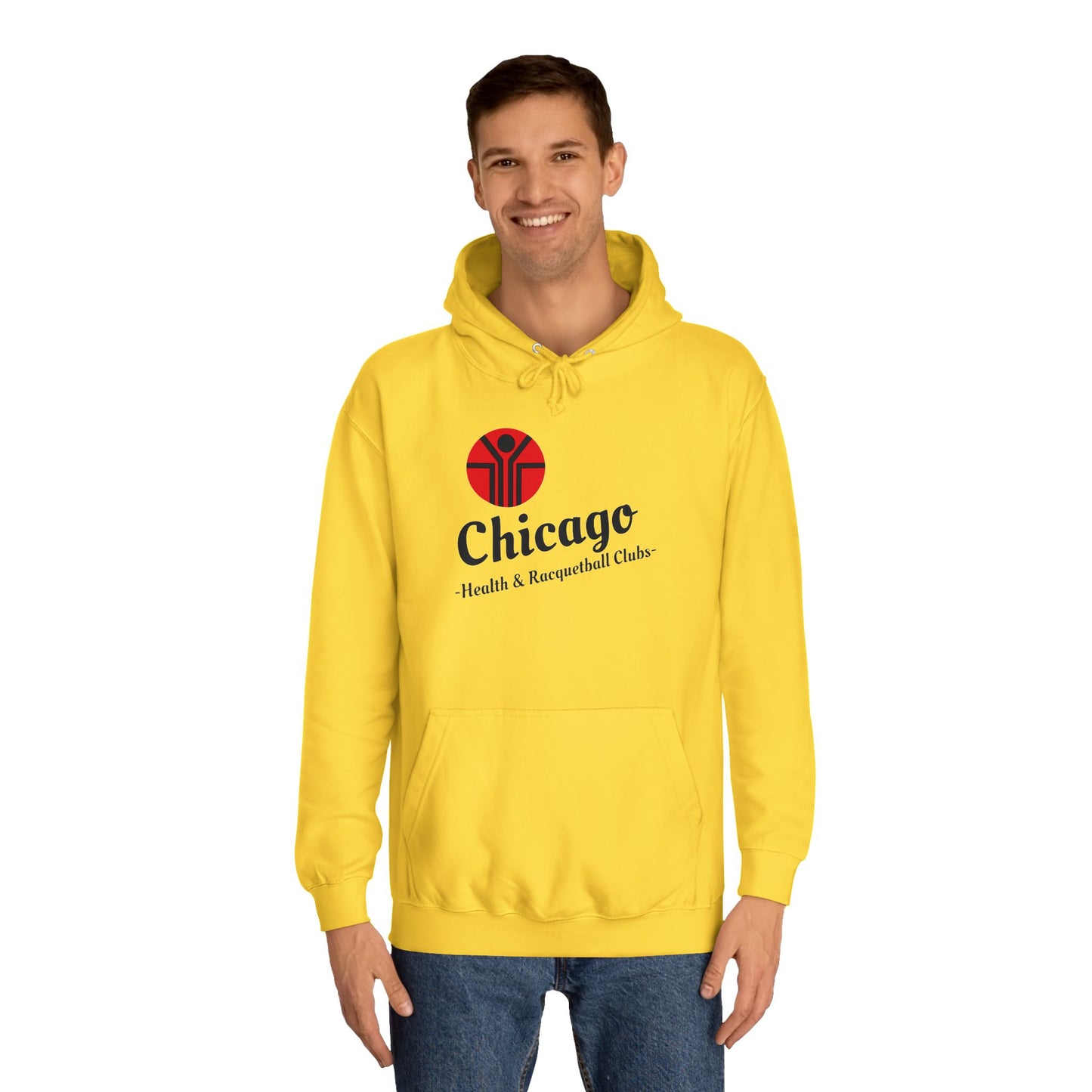 This retro hoodie from Printify features a gray design with a red and black logo depicting a stylized person reaching upward. The text "Chicago Health & Racquetball Club" adorns the front, making it perfect for vintage enthusiasts who appreciate the 1980s Chicago Health Clubs vibe. It's called the Chicago Health Clubs - Retro 1980s - Unisex College Hoodie.