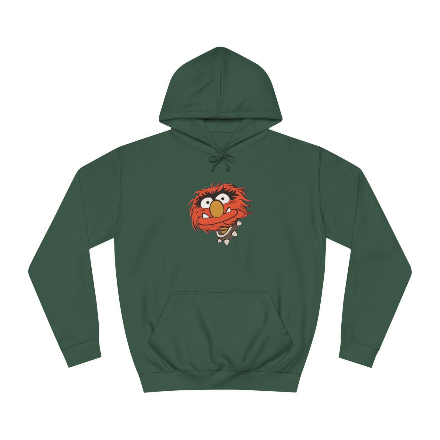 This comfy unisex college hoodie by Printify showcases a vibrant design of a cartoon character with wild orange hair, bulging eyes, and a broad grin on the front, embodying that lively spirit. It's like wearing the Animal - The Muppets hoodie without sacrificing comfort.