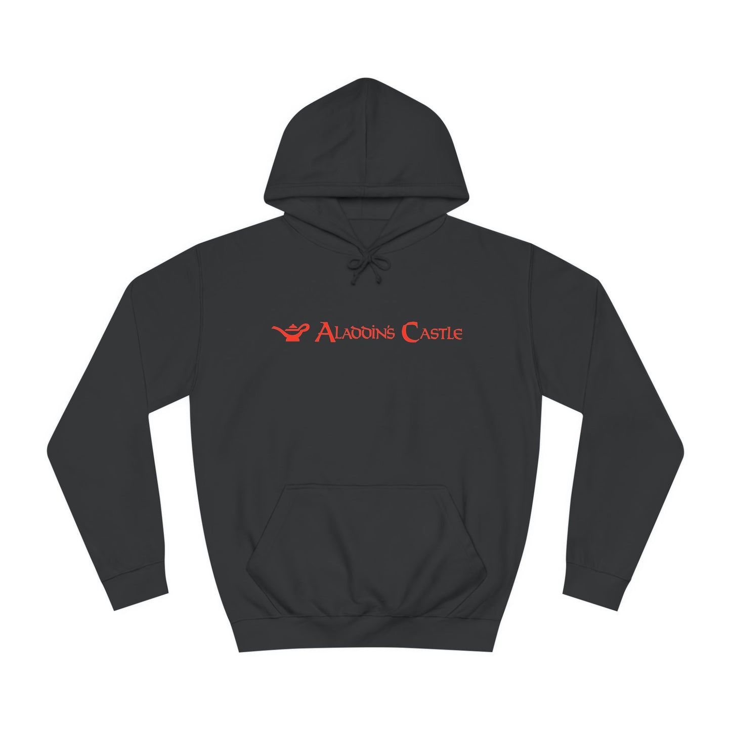 A navy blue unisex college hoodie from Printify, showcasing a red logo and the text "Aladdin's Castle Arcade" on the front. The design is simple and centered, capturing gamers' nostalgia with its casual and stylish retro 1980s vibe.