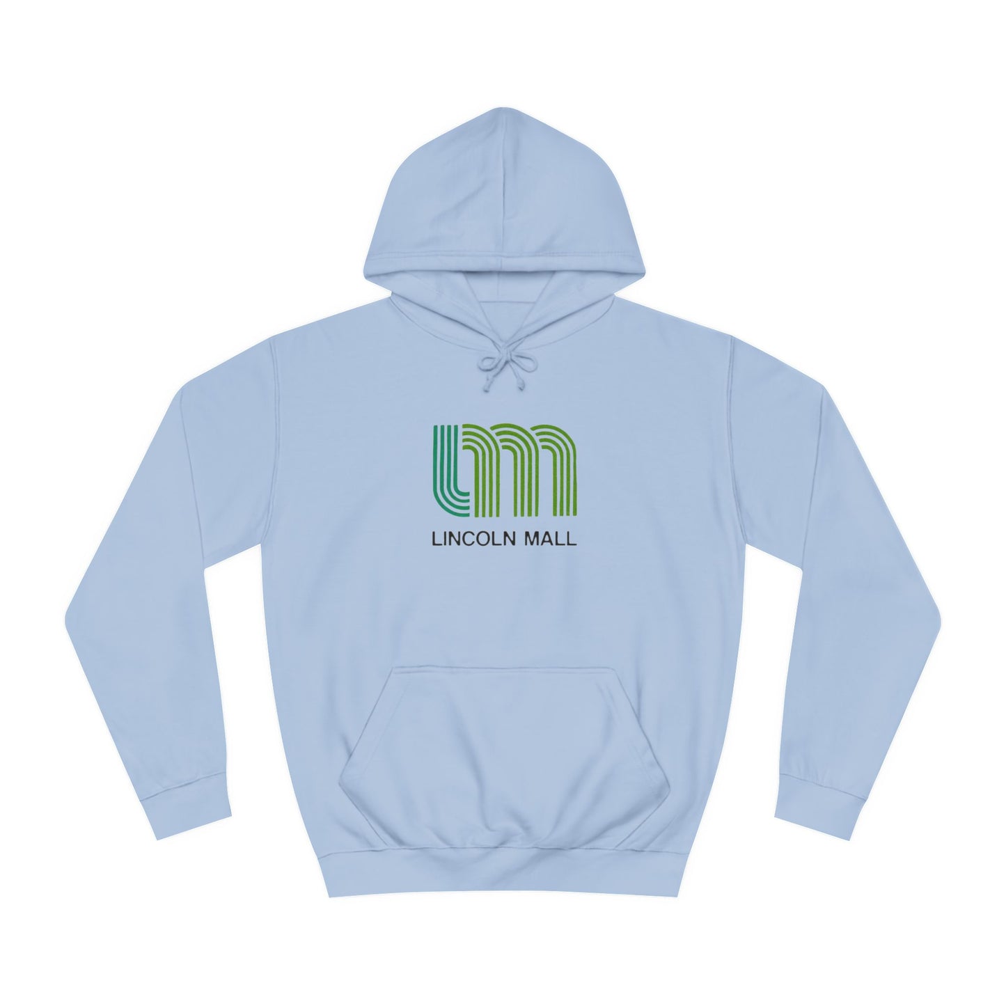 This unisex college hoodie by Printify features a gray design with a stylized green "LM" logo above the text "Lincoln Mall," inspired by the 1980s. It comes complete with a front pocket and drawstrings, capturing the retro style of Lincoln Mall, Matteson, IL.