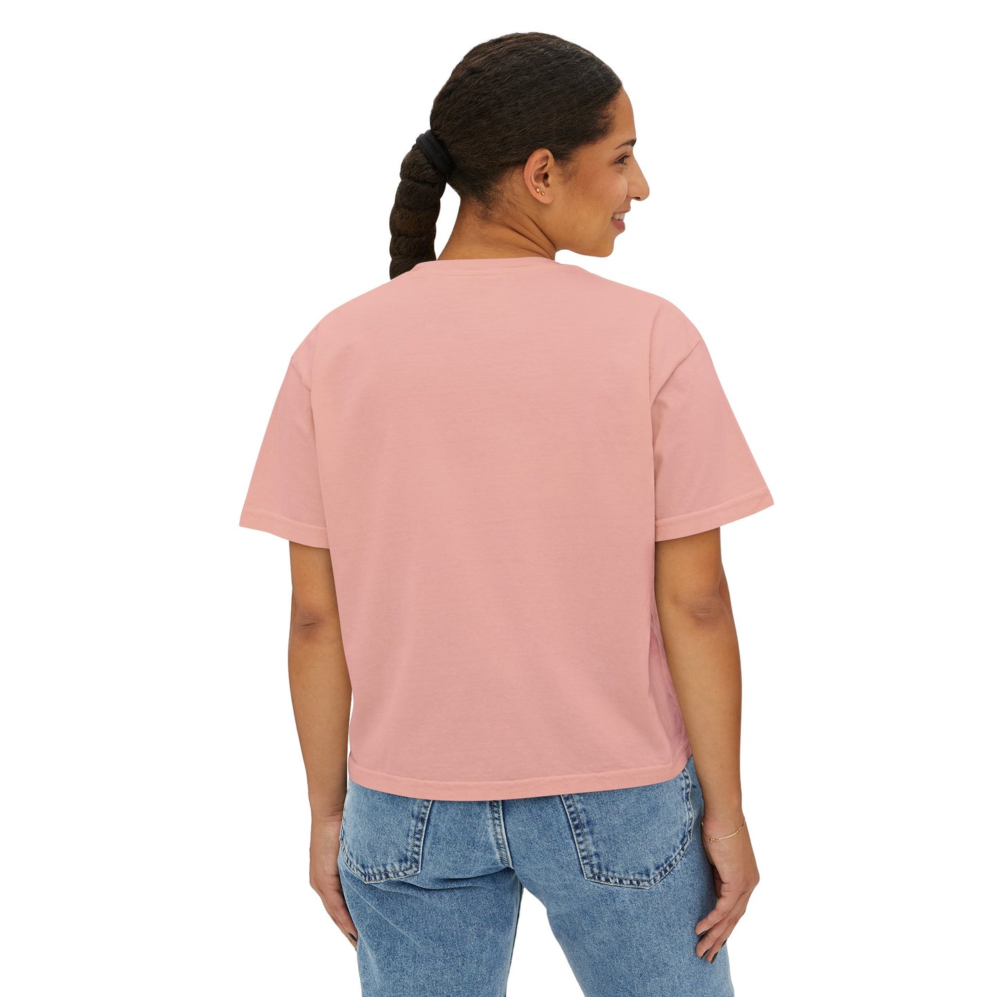 Introducing the Miller Wiffel Ball Sunset - Women's Boxy Tee by Printify: a lavender cropped T-shirt crafted from 100% ring-spun cotton. It features a colorful retro design with a wiffle ball graphic, "Miller Beach" at the top, and "Wiffle Ball" at the bottom, separated by horizontal multicolored stripes. This Comfort Colors piece delivers a soft, vintage feel, making it perfect as an oversized t-shirt for women.