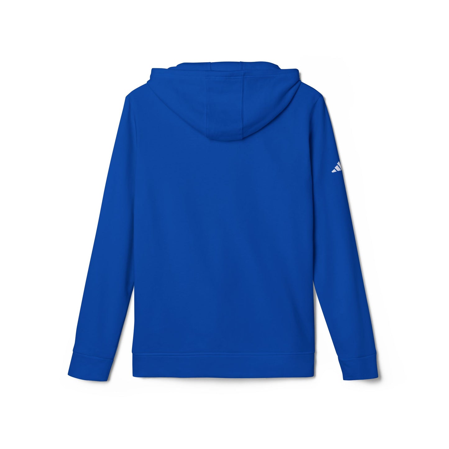 The Just the Tip - Miller Beach - Adidas® Unisex Fleece Hoodie by Printify provides cozy comfort with its modest blue graphic centrally placed on a red design. This sustainable hoodie features long sleeves and a hood, complemented by a practical front pocket, all showcased against a simple white backdrop.