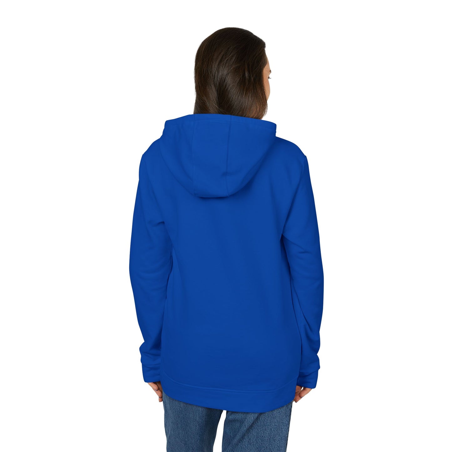 The Just the Tip - Miller Beach - Adidas® Unisex Fleece Hoodie by Printify provides cozy comfort with its modest blue graphic centrally placed on a red design. This sustainable hoodie features long sleeves and a hood, complemented by a practical front pocket, all showcased against a simple white backdrop.