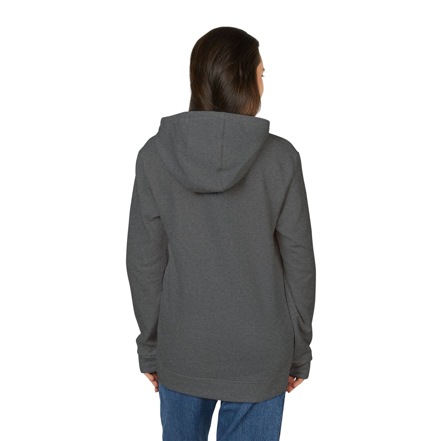 The Just the Tip - Miller Beach - Adidas® Unisex Fleece Hoodie by Printify provides cozy comfort with its modest blue graphic centrally placed on a red design. This sustainable hoodie features long sleeves and a hood, complemented by a practical front pocket, all showcased against a simple white backdrop.
