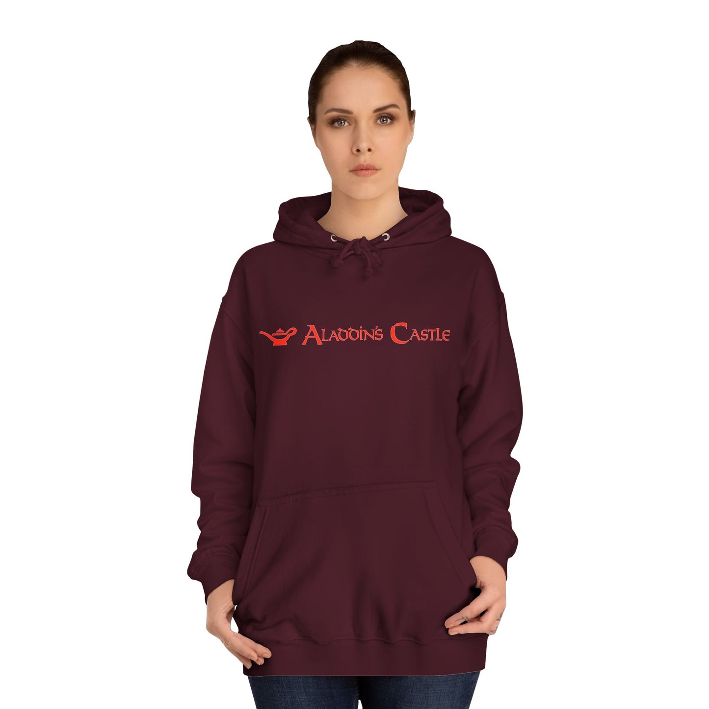 A navy blue unisex college hoodie from Printify, showcasing a red logo and the text "Aladdin's Castle Arcade" on the front. The design is simple and centered, capturing gamers' nostalgia with its casual and stylish retro 1980s vibe.