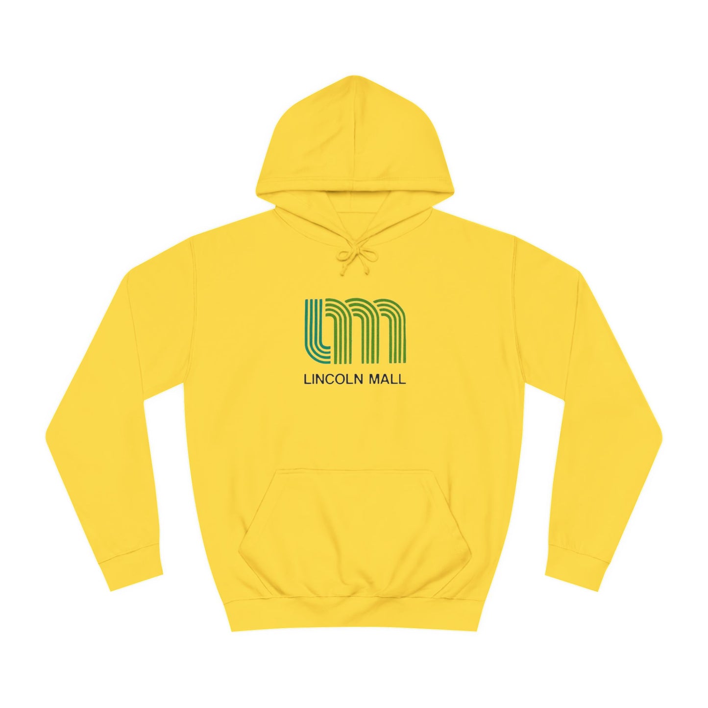 This unisex college hoodie by Printify features a gray design with a stylized green "LM" logo above the text "Lincoln Mall," inspired by the 1980s. It comes complete with a front pocket and drawstrings, capturing the retro style of Lincoln Mall, Matteson, IL.
