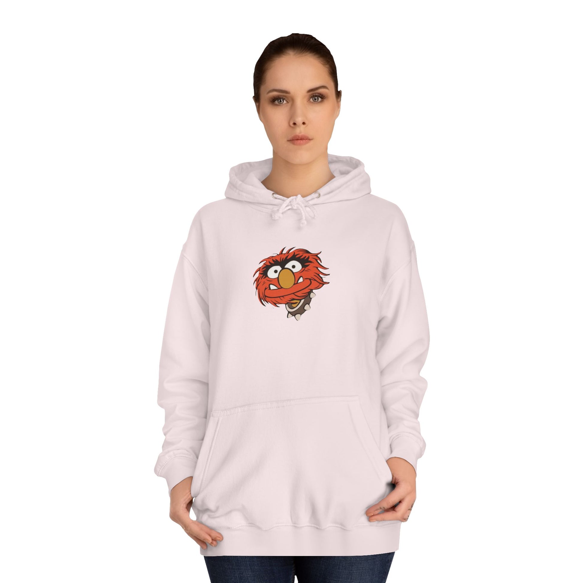 This comfy unisex college hoodie by Printify showcases a vibrant design of a cartoon character with wild orange hair, bulging eyes, and a broad grin on the front, embodying that lively spirit. It's like wearing the Animal - The Muppets hoodie without sacrificing comfort.