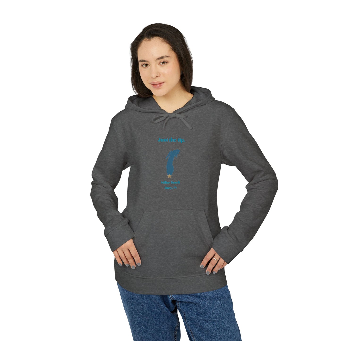 The Just the Tip - Miller Beach - Adidas® Unisex Fleece Hoodie by Printify provides cozy comfort with its modest blue graphic centrally placed on a red design. This sustainable hoodie features long sleeves and a hood, complemented by a practical front pocket, all showcased against a simple white backdrop.