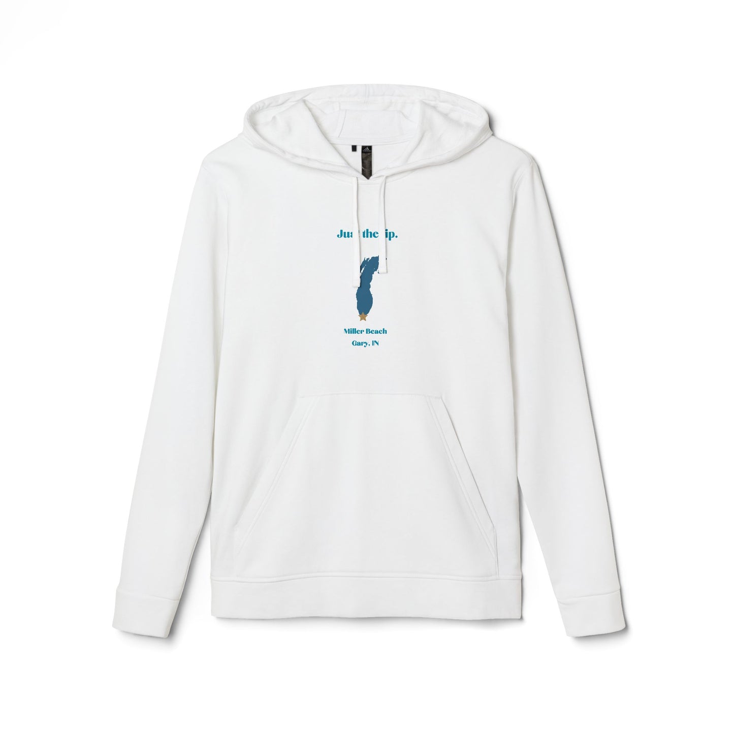 The Just the Tip - Miller Beach - Adidas® Unisex Fleece Hoodie by Printify provides cozy comfort with its modest blue graphic centrally placed on a red design. This sustainable hoodie features long sleeves and a hood, complemented by a practical front pocket, all showcased against a simple white backdrop.