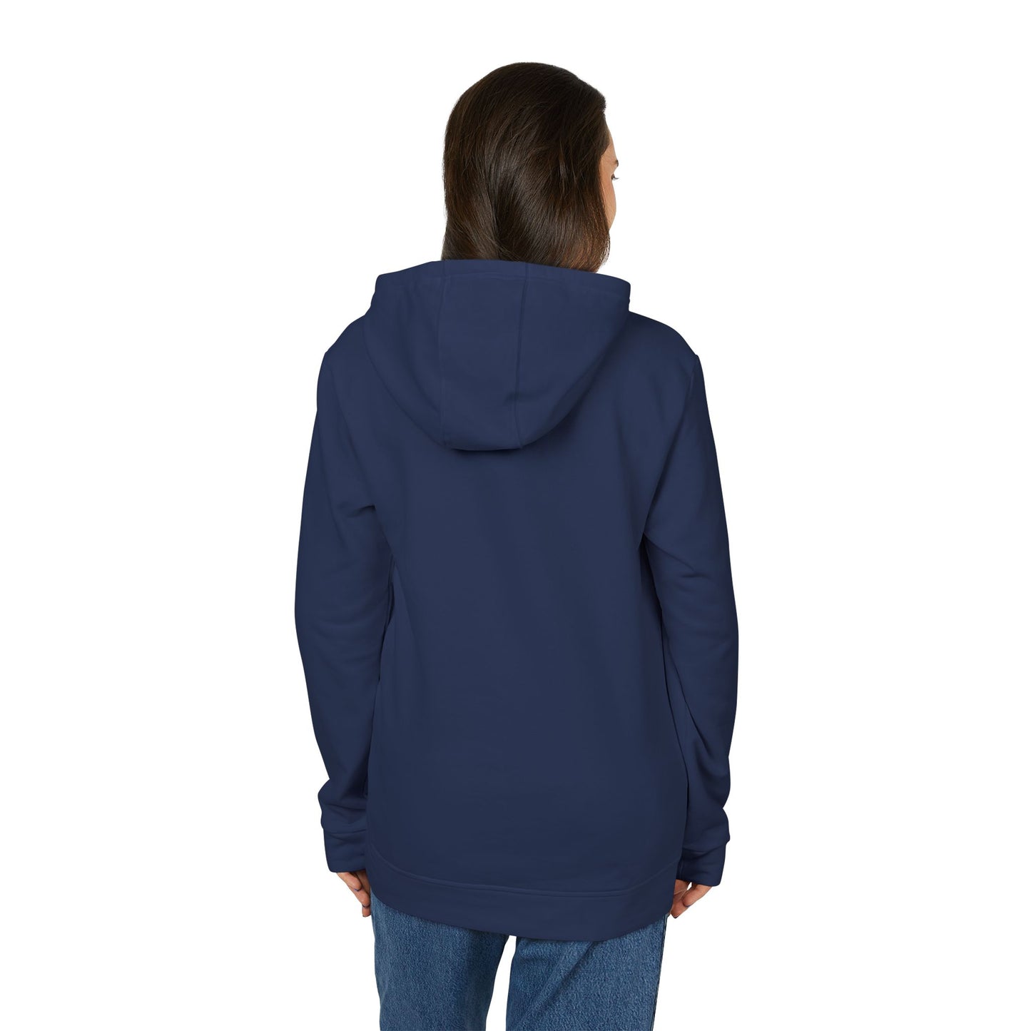 The Just the Tip - Miller Beach - Adidas® Unisex Fleece Hoodie by Printify provides cozy comfort with its modest blue graphic centrally placed on a red design. This sustainable hoodie features long sleeves and a hood, complemented by a practical front pocket, all showcased against a simple white backdrop.