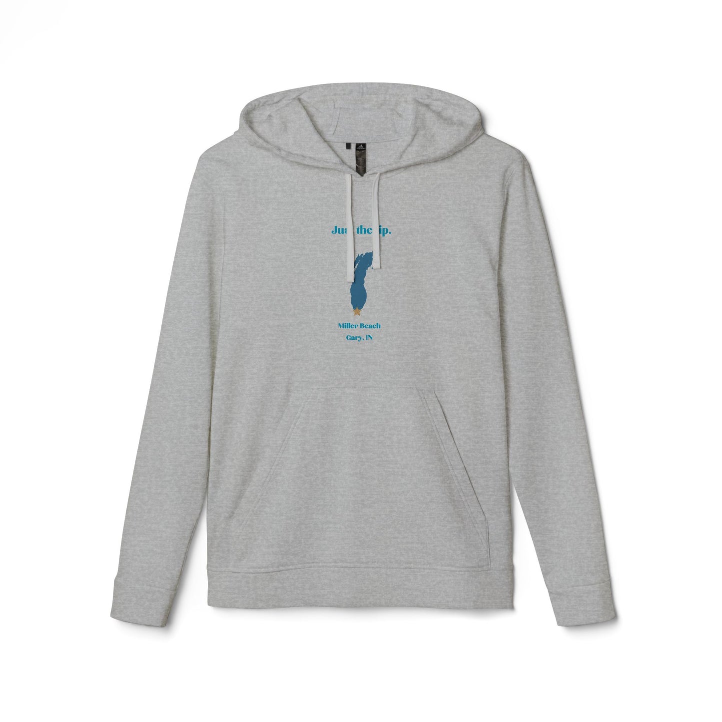 The Just the Tip - Miller Beach - Adidas® Unisex Fleece Hoodie by Printify provides cozy comfort with its modest blue graphic centrally placed on a red design. This sustainable hoodie features long sleeves and a hood, complemented by a practical front pocket, all showcased against a simple white backdrop.