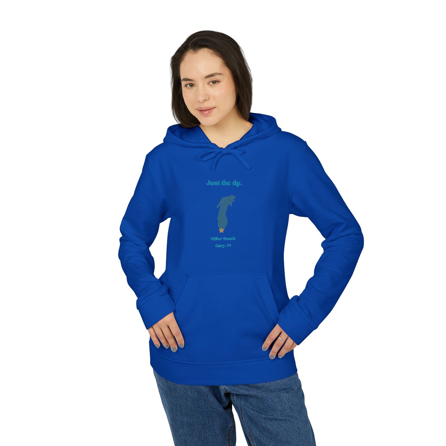 The Just the Tip - Miller Beach - Adidas® Unisex Fleece Hoodie by Printify provides cozy comfort with its modest blue graphic centrally placed on a red design. This sustainable hoodie features long sleeves and a hood, complemented by a practical front pocket, all showcased against a simple white backdrop.