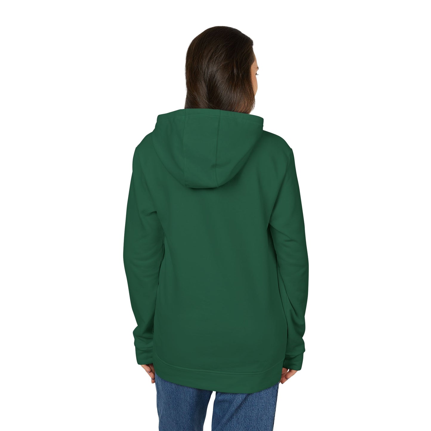 The Just the Tip - Miller Beach - Adidas® Unisex Fleece Hoodie by Printify provides cozy comfort with its modest blue graphic centrally placed on a red design. This sustainable hoodie features long sleeves and a hood, complemented by a practical front pocket, all showcased against a simple white backdrop.