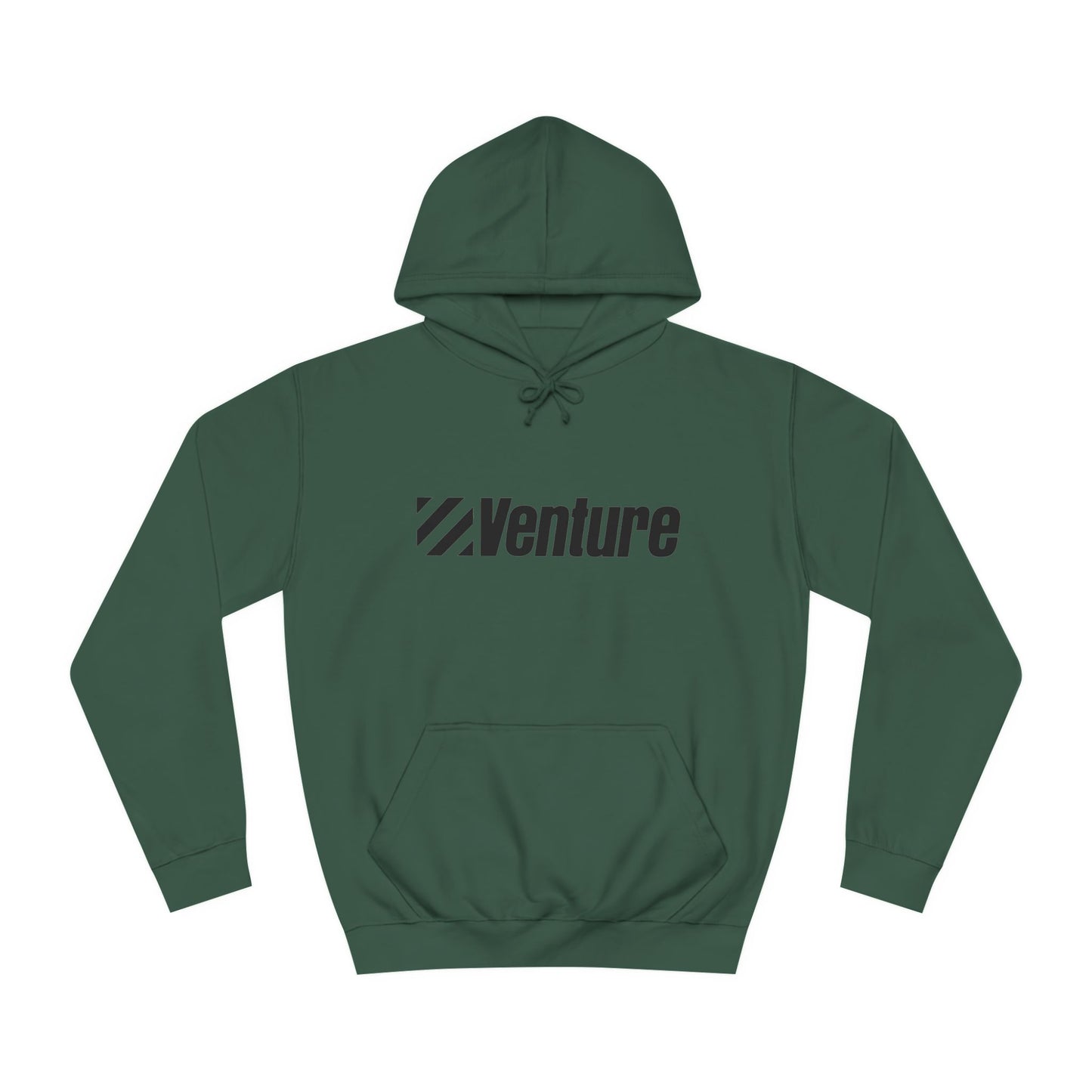 This light gray unisex college hoodie from Printify features the word "Venture" and a stylized logo printed in black on the front. It harkens back to retro retail therapy with a front pocket and drawstring hood, seamlessly blending nostalgic style with modern comfort. The product name is Venture Stores - 1980s Logo - Unisex College Hoodie.