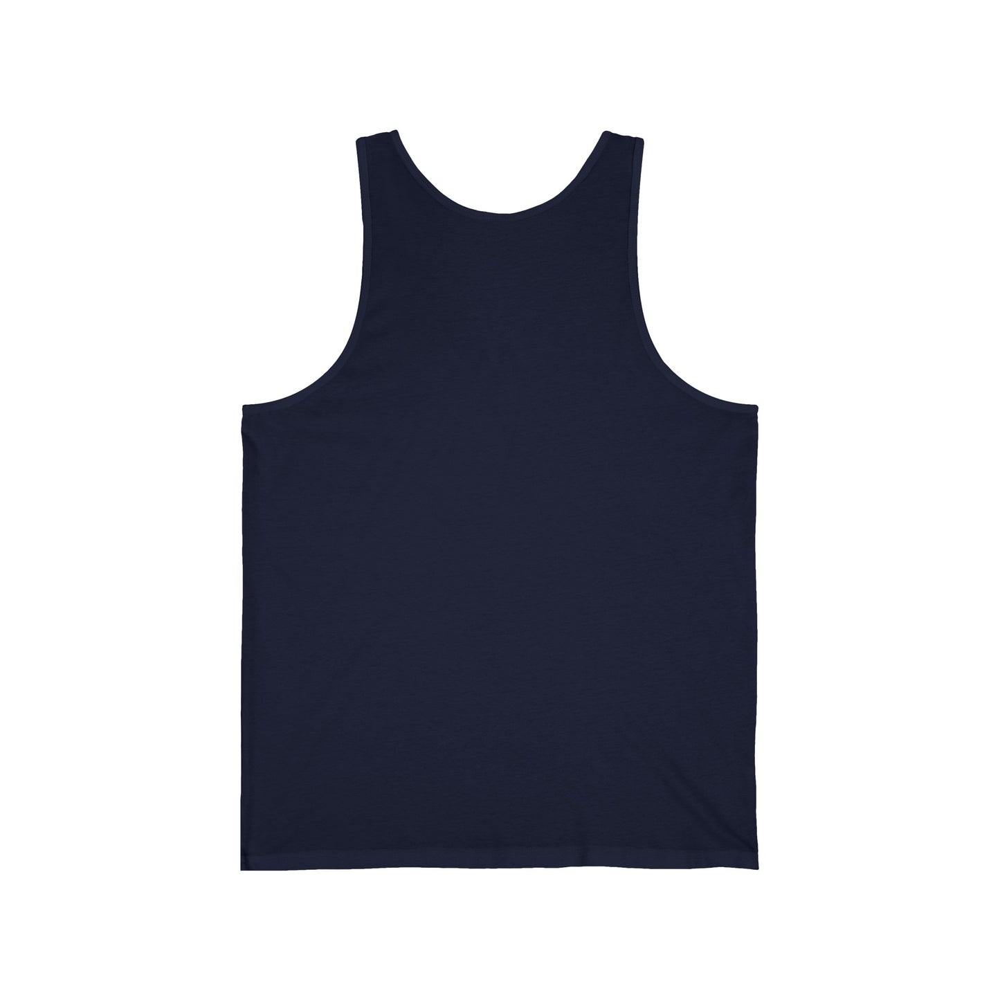 The Printify Miller Beach 46403 - Unisex Jersey Tank boasts a retro design featuring the number "46403" and a small city skyline silhouette set within a semi-circle sunset graphic. This high-quality tank top displays horizontal stripes in yellow, orange, and green.