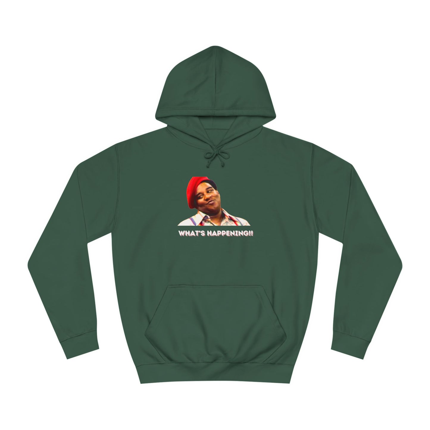 A black Printify college hoodie called "Rerun - Fred Barry - What's Happening!!" featuring an image of Fred Berry smiling and wearing his iconic red cap, with "WHAT'S HAPPENING!!" printed in white letters.