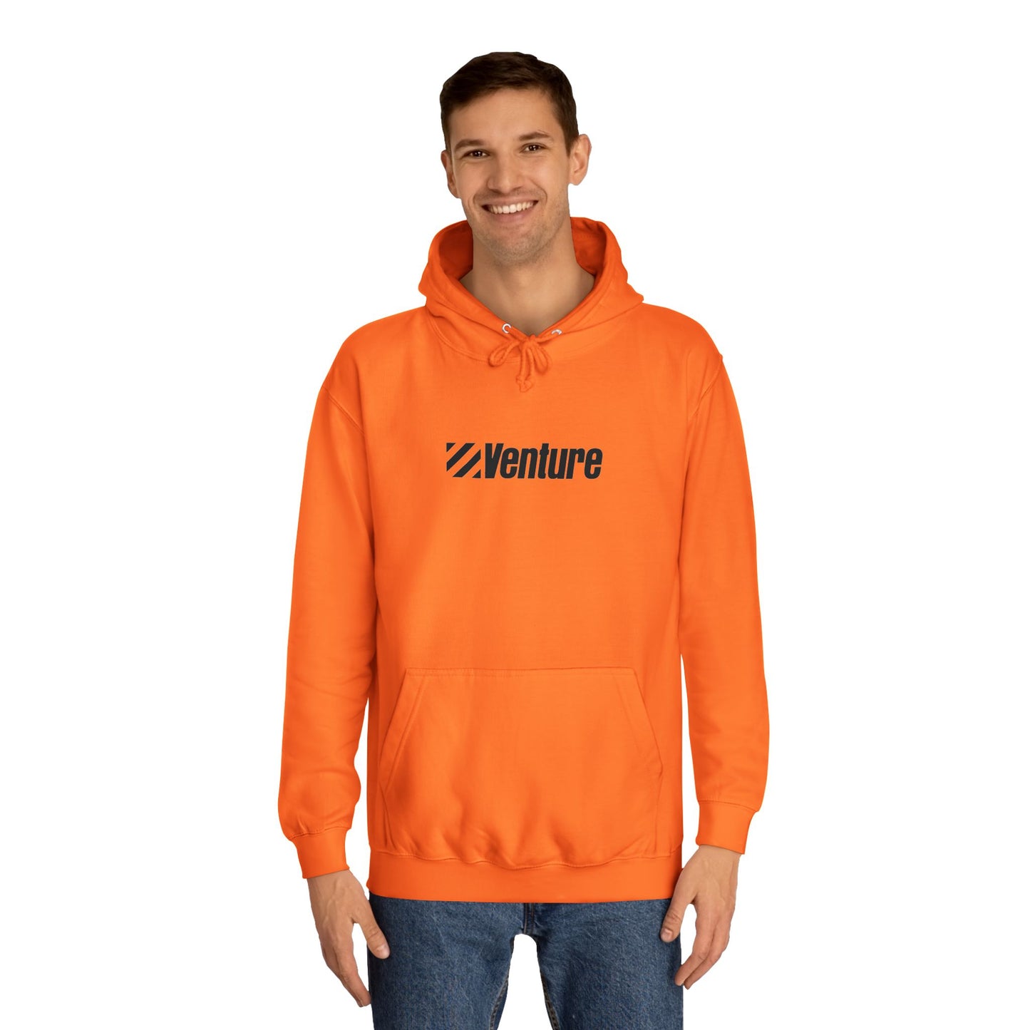 This light gray unisex college hoodie from Printify features the word "Venture" and a stylized logo printed in black on the front. It harkens back to retro retail therapy with a front pocket and drawstring hood, seamlessly blending nostalgic style with modern comfort. The product name is Venture Stores - 1980s Logo - Unisex College Hoodie.