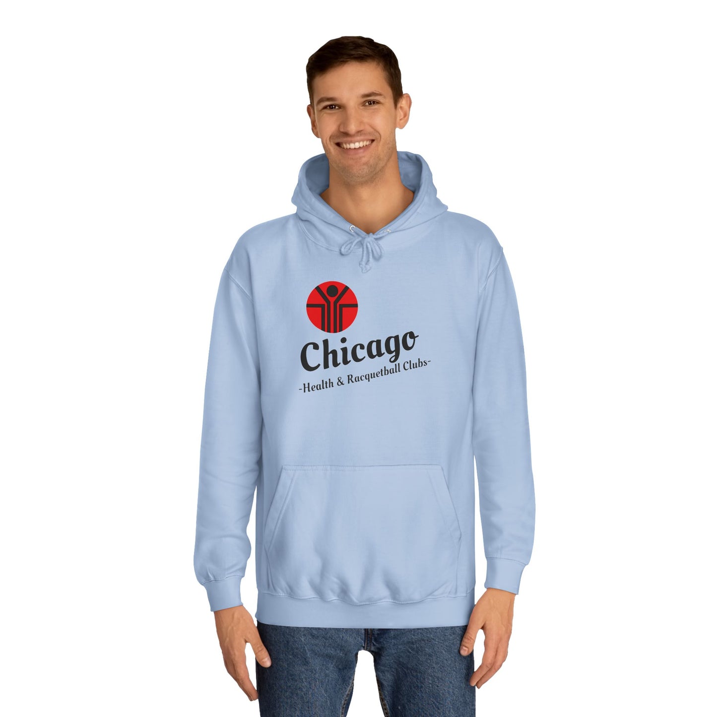 This retro hoodie from Printify features a gray design with a red and black logo depicting a stylized person reaching upward. The text "Chicago Health & Racquetball Club" adorns the front, making it perfect for vintage enthusiasts who appreciate the 1980s Chicago Health Clubs vibe. It's called the Chicago Health Clubs - Retro 1980s - Unisex College Hoodie.