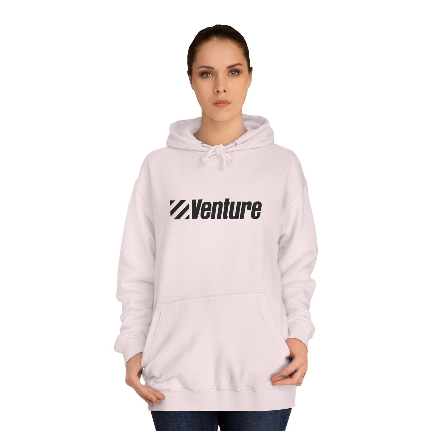 This light gray unisex college hoodie from Printify features the word "Venture" and a stylized logo printed in black on the front. It harkens back to retro retail therapy with a front pocket and drawstring hood, seamlessly blending nostalgic style with modern comfort. The product name is Venture Stores - 1980s Logo - Unisex College Hoodie.