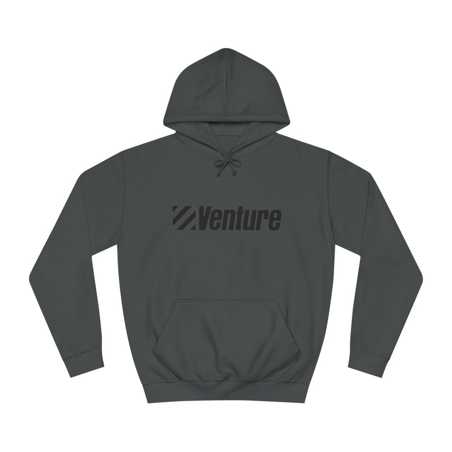 This light gray unisex college hoodie from Printify features the word "Venture" and a stylized logo printed in black on the front. It harkens back to retro retail therapy with a front pocket and drawstring hood, seamlessly blending nostalgic style with modern comfort. The product name is Venture Stores - 1980s Logo - Unisex College Hoodie.