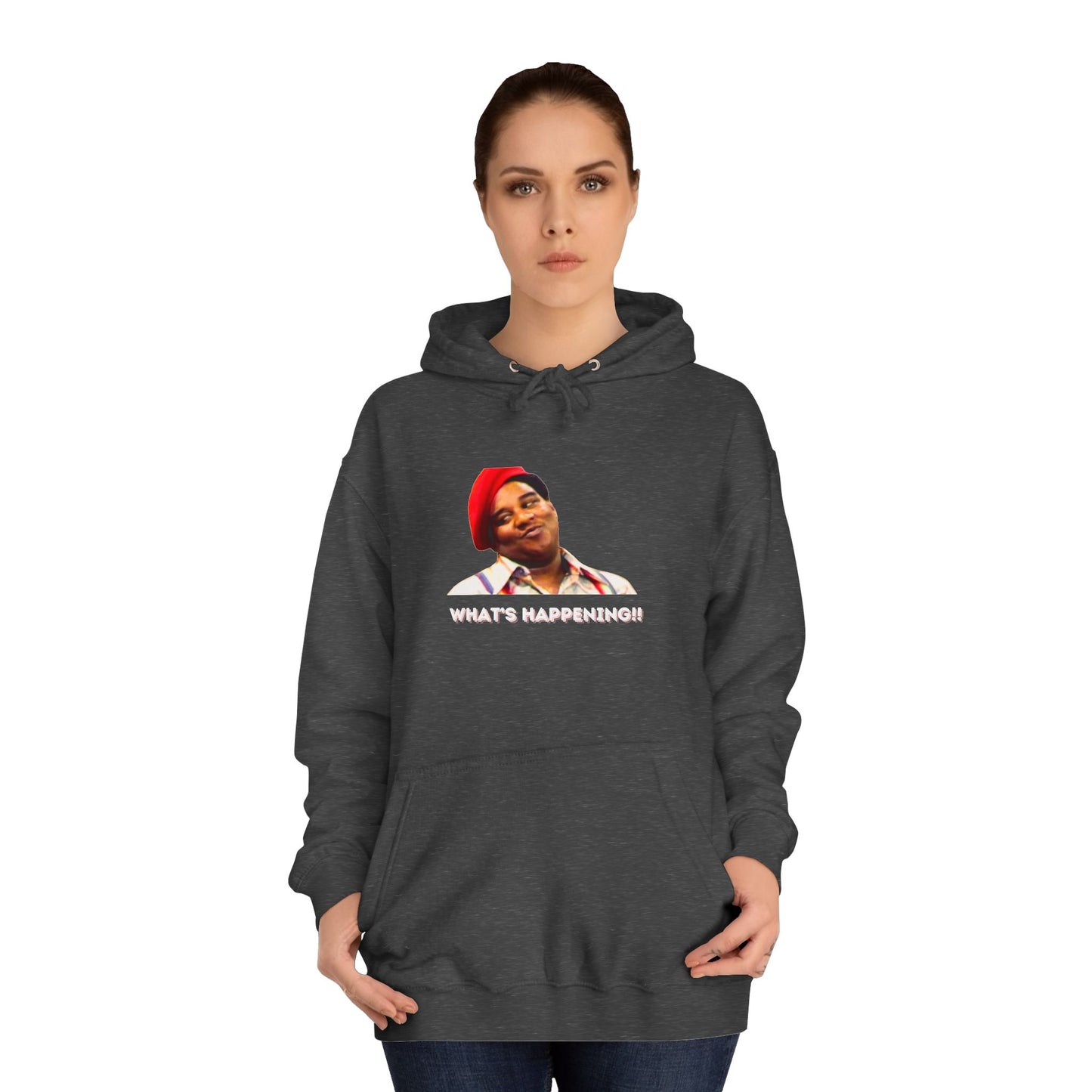 A black Printify college hoodie called "Rerun - Fred Barry - What's Happening!!" featuring an image of Fred Berry smiling and wearing his iconic red cap, with "WHAT'S HAPPENING!!" printed in white letters.