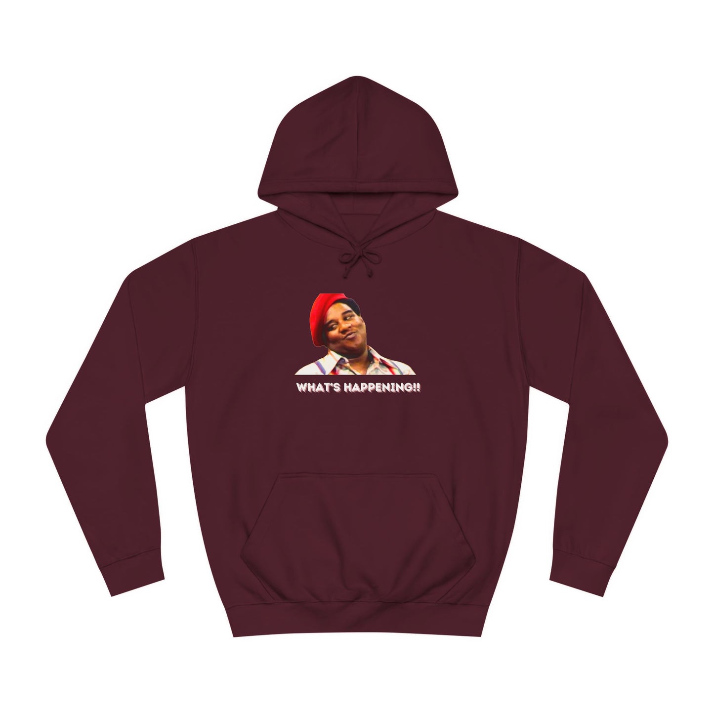 A black Printify college hoodie called "Rerun - Fred Barry - What's Happening!!" featuring an image of Fred Berry smiling and wearing his iconic red cap, with "WHAT'S HAPPENING!!" printed in white letters.