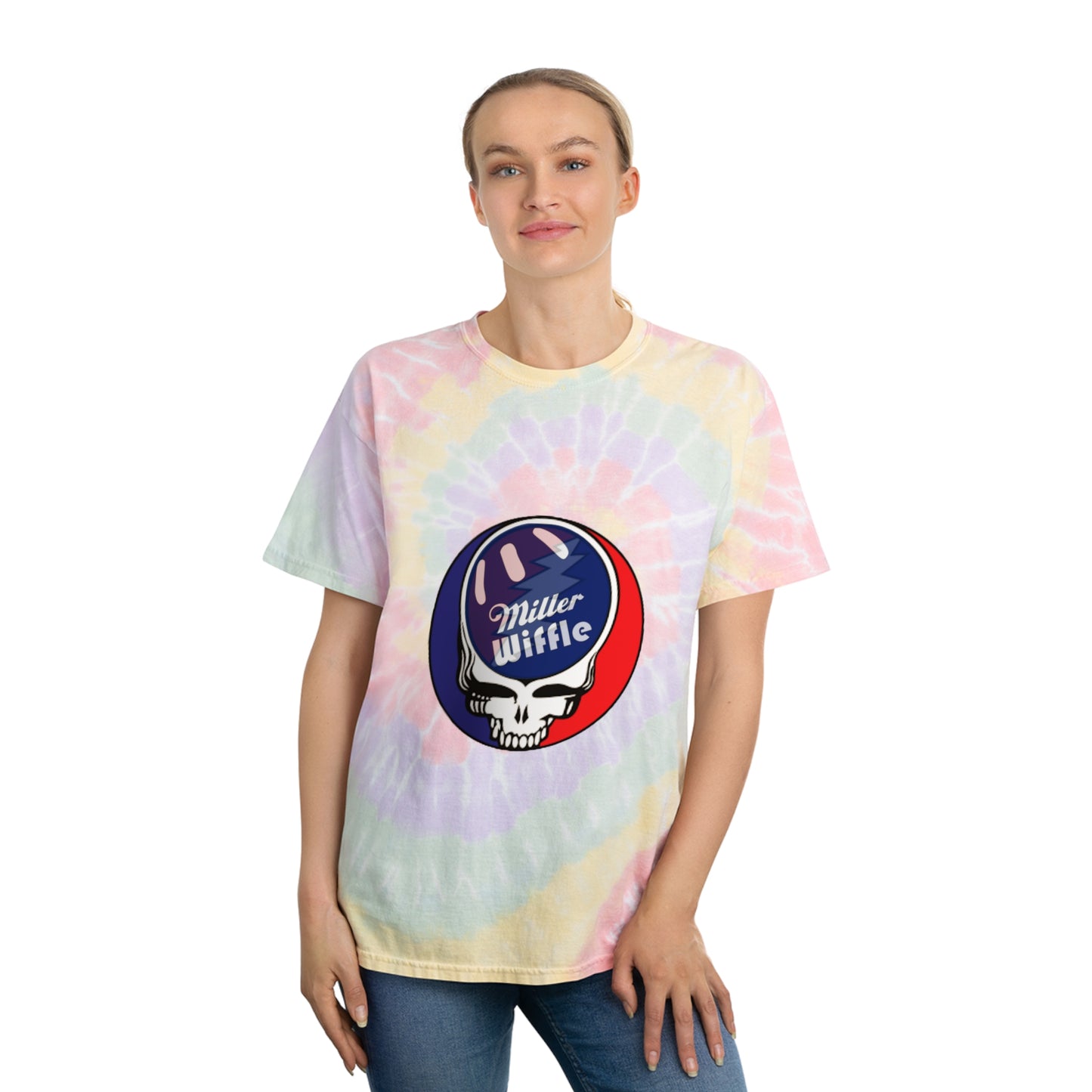 The Miller Wiffel Ball Stealy Tie-Dye Tee by Printify is a unisex t-shirt that showcases a vibrant, classic spiral pattern in blue, green, yellow, red, and purple. Made from 100% pre-shrunk cotton for an ideal fit, it features a central circular logo with a wiffle ball and bat, alongside a skull and the text "Miller Wiffle.