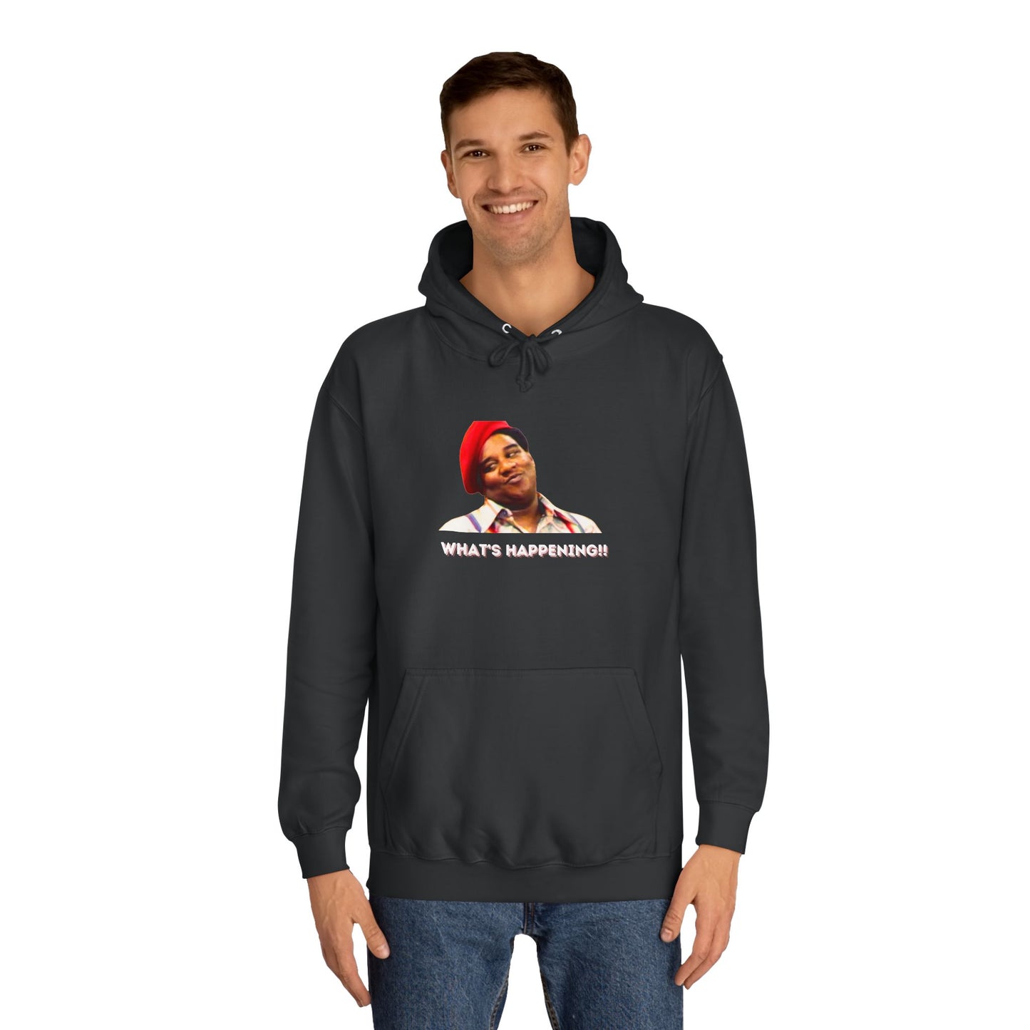 A black Printify college hoodie called "Rerun - Fred Barry - What's Happening!!" featuring an image of Fred Berry smiling and wearing his iconic red cap, with "WHAT'S HAPPENING!!" printed in white letters.