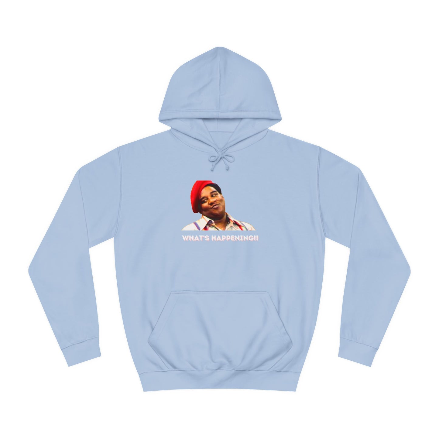 A black Printify college hoodie called "Rerun - Fred Barry - What's Happening!!" featuring an image of Fred Berry smiling and wearing his iconic red cap, with "WHAT'S HAPPENING!!" printed in white letters.