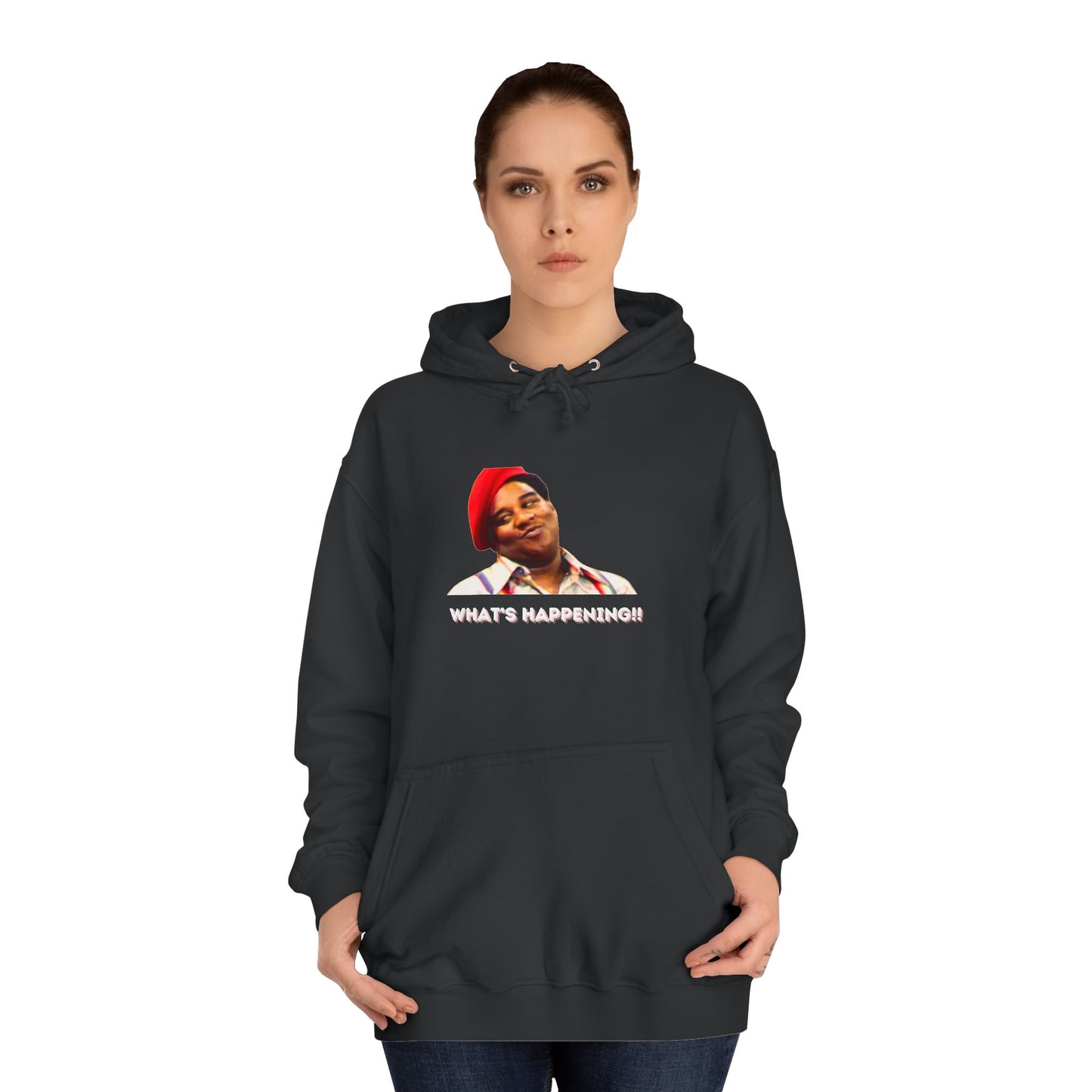 A black Printify college hoodie called "Rerun - Fred Barry - What's Happening!!" featuring an image of Fred Berry smiling and wearing his iconic red cap, with "WHAT'S HAPPENING!!" printed in white letters.