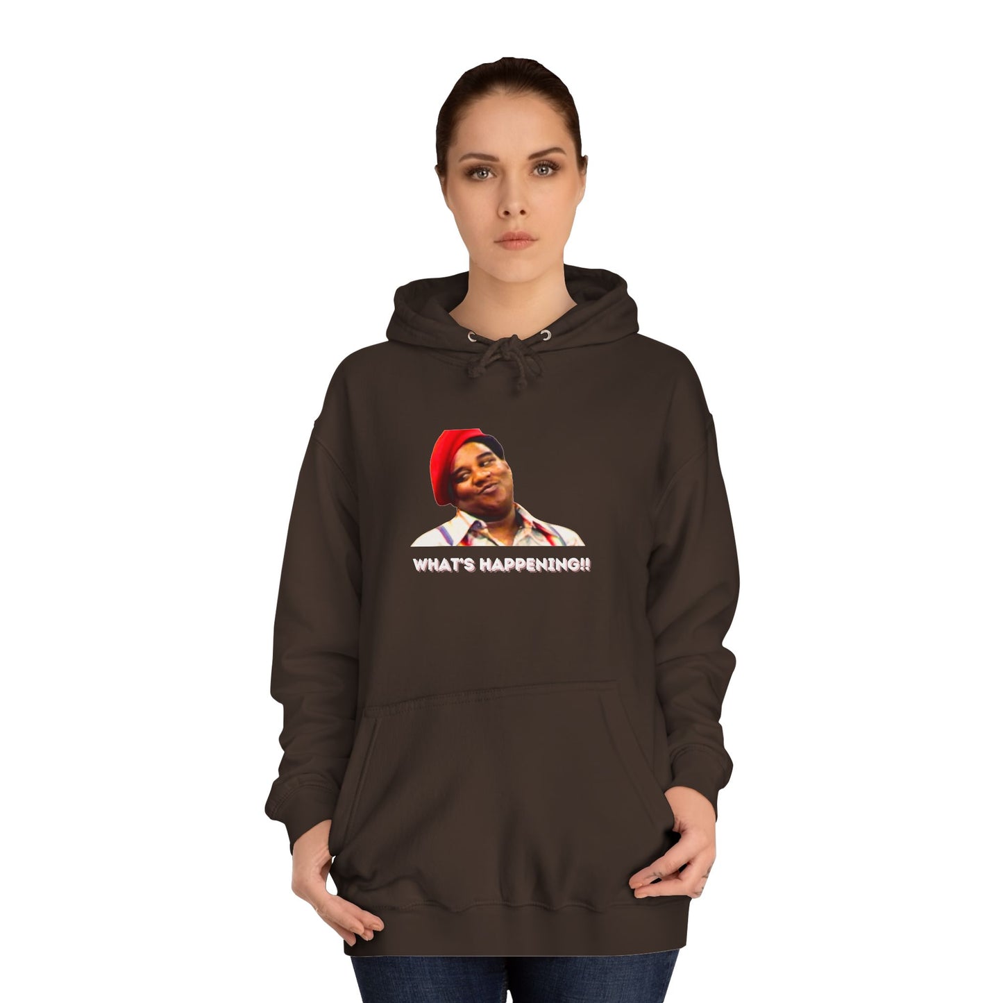 A black Printify college hoodie called "Rerun - Fred Barry - What's Happening!!" featuring an image of Fred Berry smiling and wearing his iconic red cap, with "WHAT'S HAPPENING!!" printed in white letters.