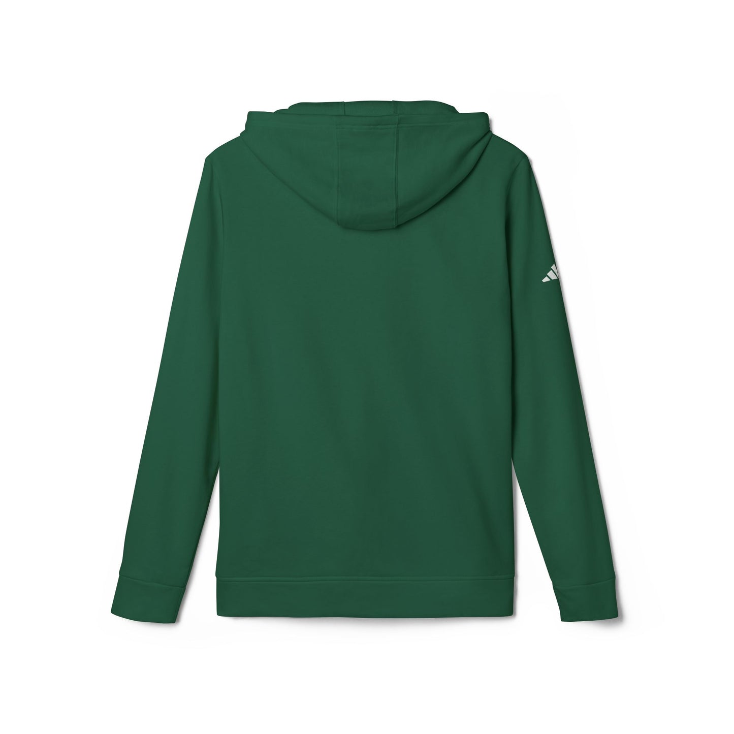 The Just the Tip - Miller Beach - Adidas® Unisex Fleece Hoodie by Printify provides cozy comfort with its modest blue graphic centrally placed on a red design. This sustainable hoodie features long sleeves and a hood, complemented by a practical front pocket, all showcased against a simple white backdrop.