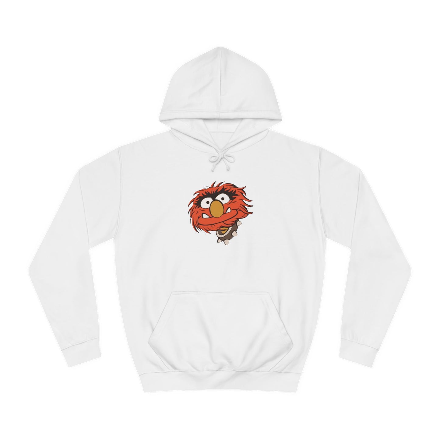 This comfy unisex college hoodie by Printify showcases a vibrant design of a cartoon character with wild orange hair, bulging eyes, and a broad grin on the front, embodying that lively spirit. It's like wearing the Animal - The Muppets hoodie without sacrificing comfort.