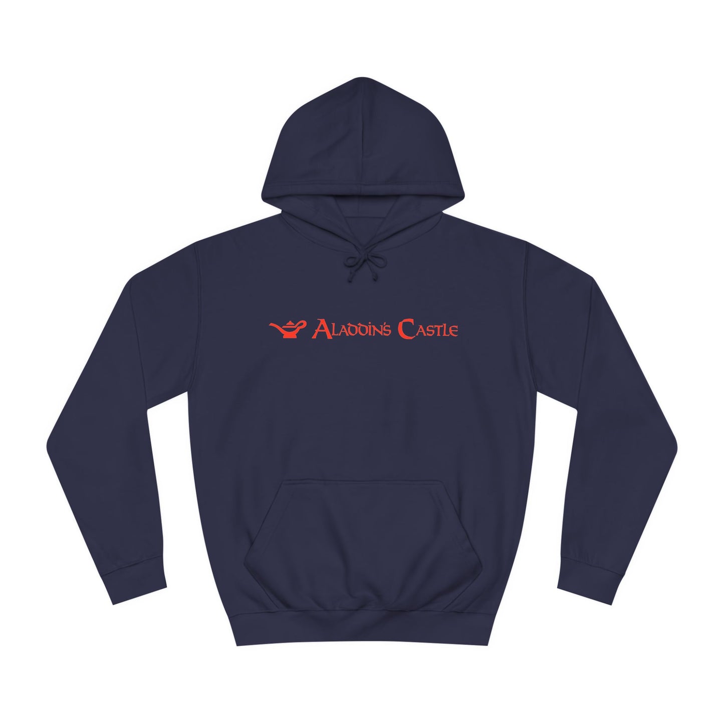 A navy blue unisex college hoodie from Printify, showcasing a red logo and the text "Aladdin's Castle Arcade" on the front. The design is simple and centered, capturing gamers' nostalgia with its casual and stylish retro 1980s vibe.