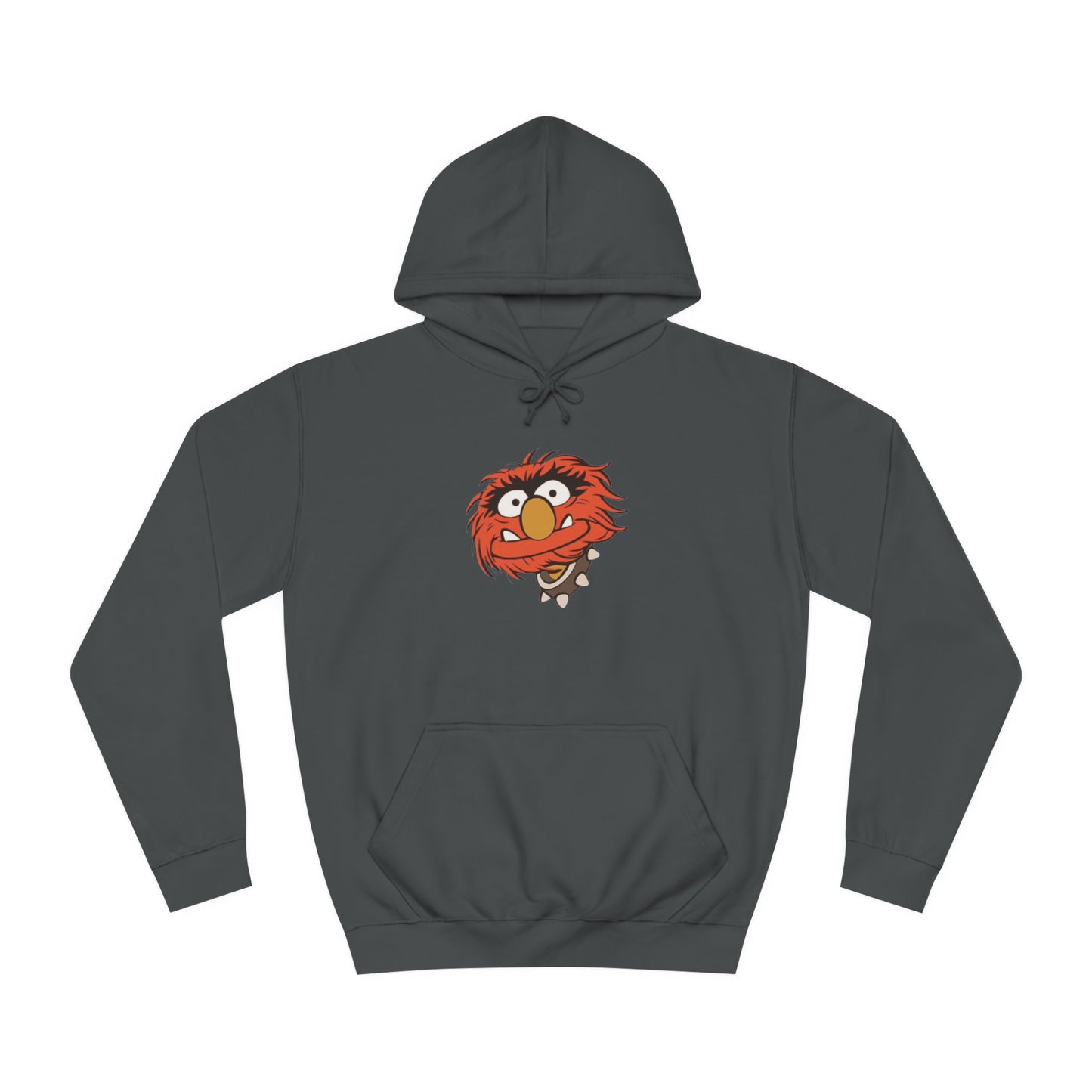 This comfy unisex college hoodie by Printify showcases a vibrant design of a cartoon character with wild orange hair, bulging eyes, and a broad grin on the front, embodying that lively spirit. It's like wearing the Animal - The Muppets hoodie without sacrificing comfort.