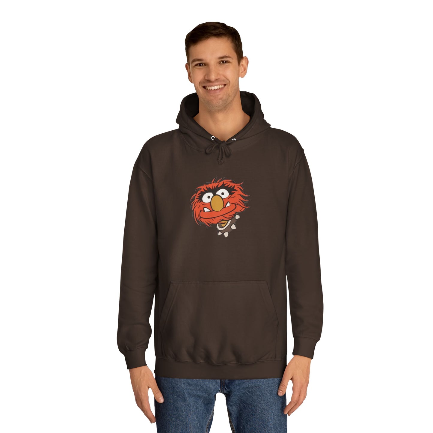 This comfy unisex college hoodie by Printify showcases a vibrant design of a cartoon character with wild orange hair, bulging eyes, and a broad grin on the front, embodying that lively spirit. It's like wearing the Animal - The Muppets hoodie without sacrificing comfort.