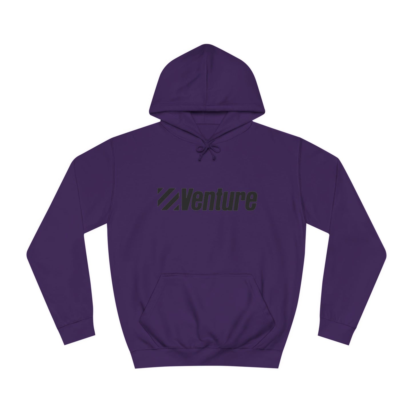 This light gray unisex college hoodie from Printify features the word "Venture" and a stylized logo printed in black on the front. It harkens back to retro retail therapy with a front pocket and drawstring hood, seamlessly blending nostalgic style with modern comfort. The product name is Venture Stores - 1980s Logo - Unisex College Hoodie.